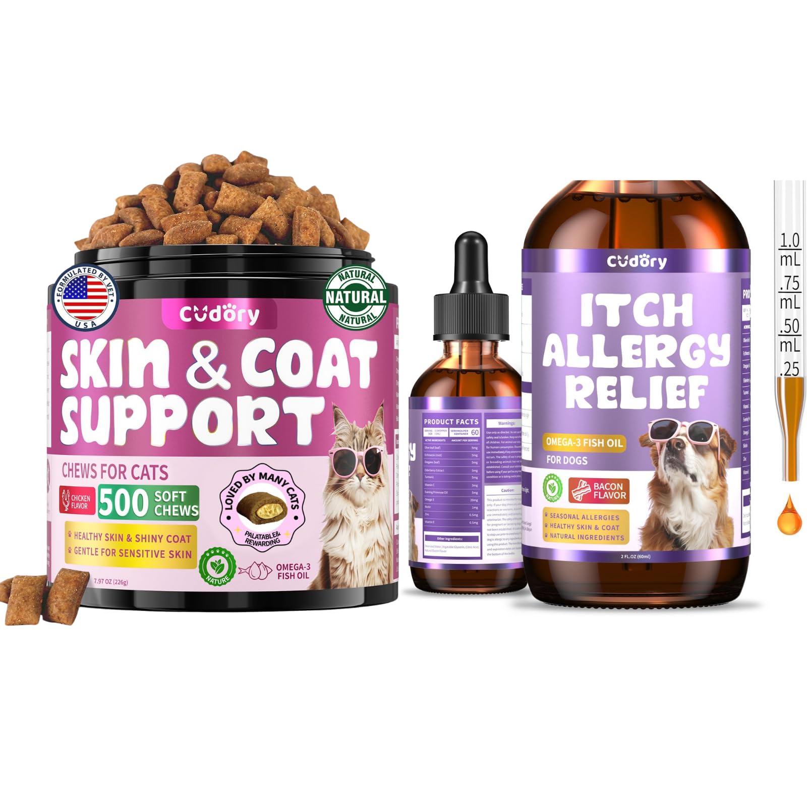 Skin & Coat Support for Cats and Dogs Bundle-Natural Skin and Coat Support for Cats+ Dog Allergy Relief Drops- Healthy Skin, Shiny Fur, Cat or Dog Supplements & Vitamins