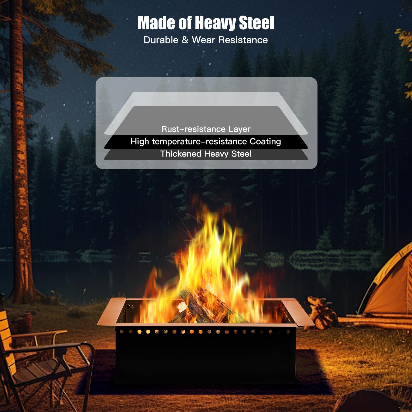 Grovellis 42 inch Outdoor Fire Pit Liner, Square Heavy Duty Fire Pits, Rim Insert Firepit for Outside, DIY Campfire Fireplace