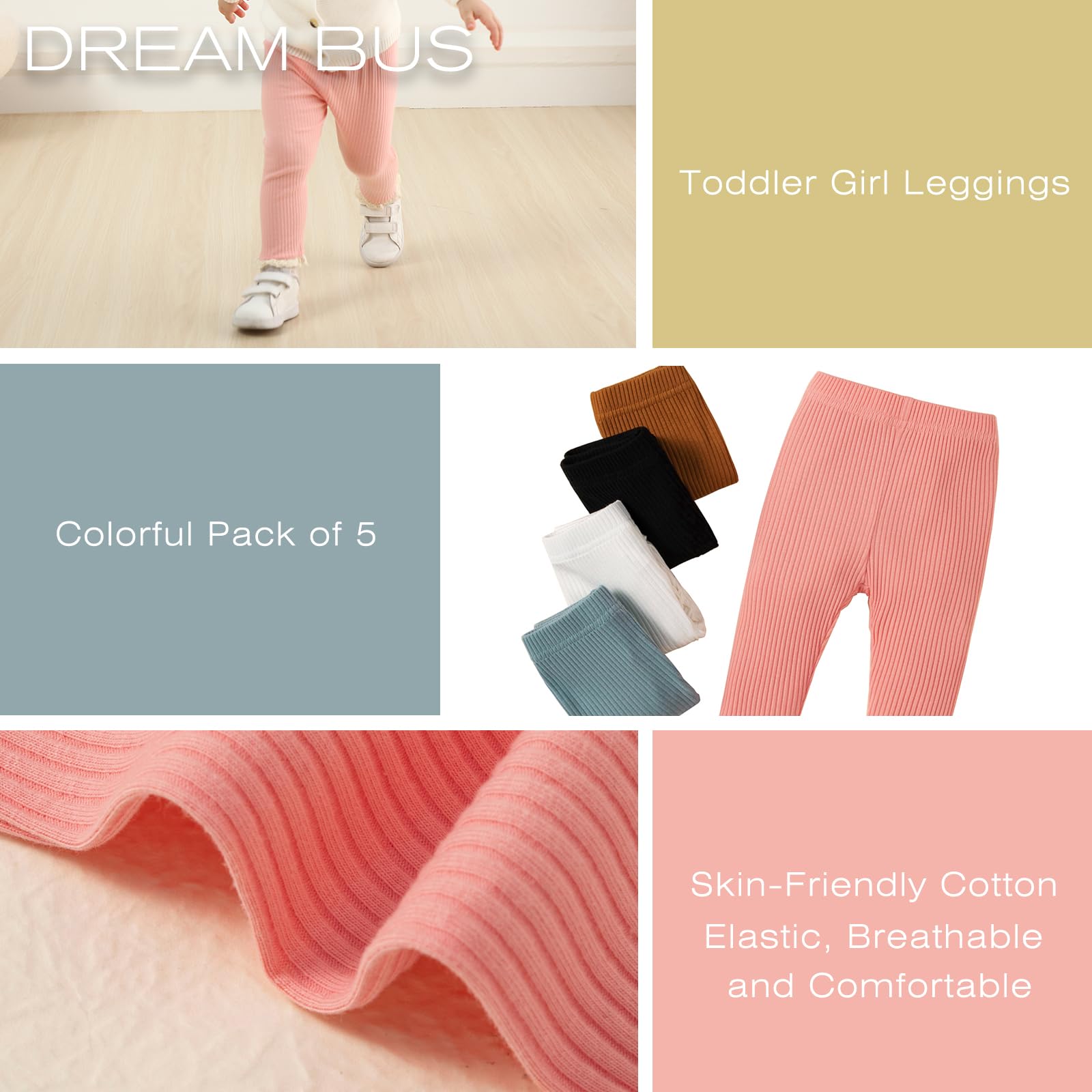 DREAM BUS 5 Pack Baby Girl Pants Toddler Girl Solid Ribbed Pants with Lace Trim Newborn Cotton Leggings Infant Jogger Pants