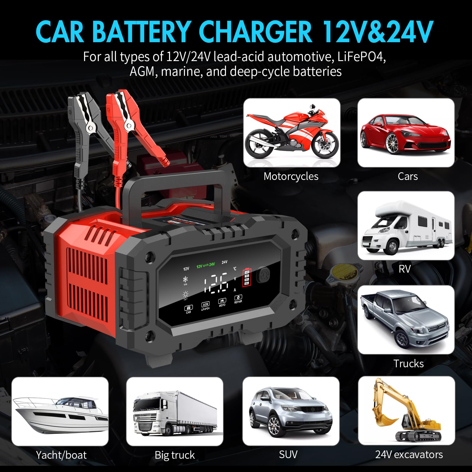 YONHAN Battery Charger 20A 12V/24V LiFePO4 Lead Acid Fully Automatic Battery Maintainer, Car Battery Trickle Charger Automotive w/Battery Repair, Winter Mode, for AGM, STD, Gel, Deep Cycle Batteries