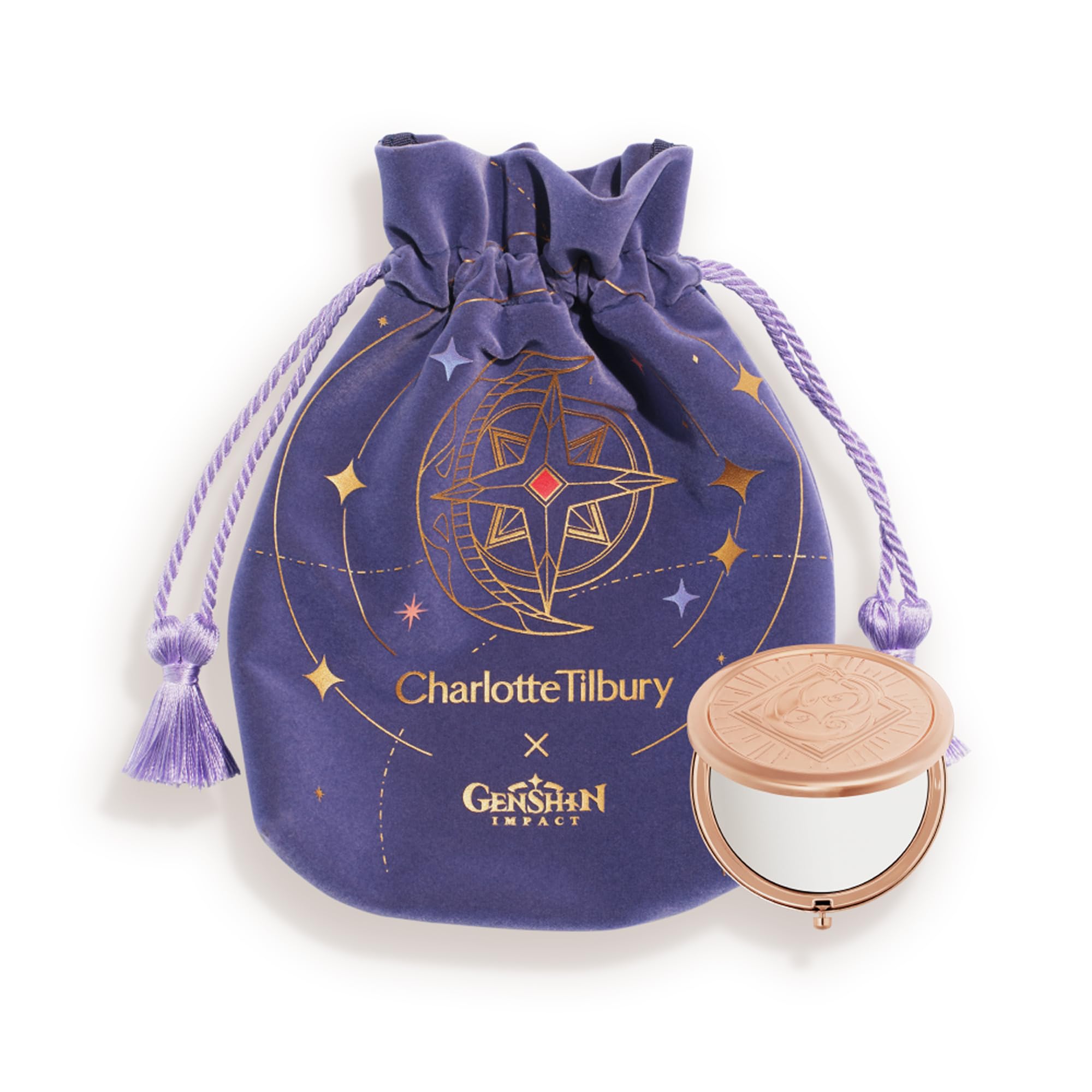 Charlotte Tilbury x Genshin Impact Mini Skin Care Set - Travel Size Skincare Kit with Magic Water Cream, Crystal Elixir, Setting Spray, Compact Mirror & Genshin Accessories - Pouch Included (6 Count)