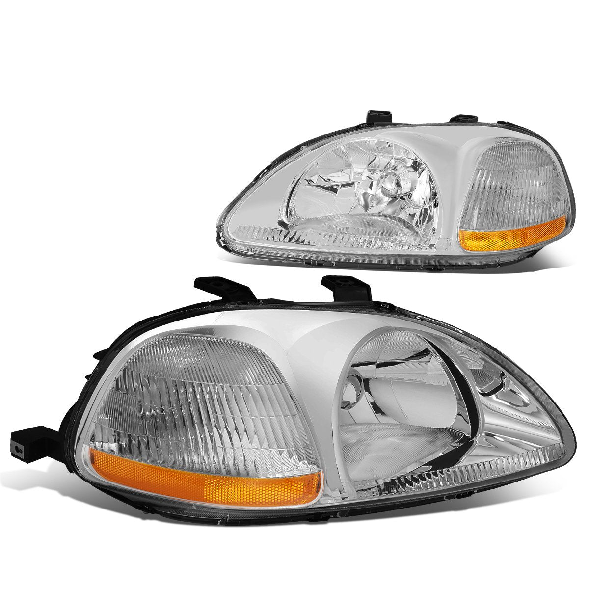 DNA MOTORING Pair Headlight Assembly Compatible With 1996-1998 Honda Civic, Chrome/Amber, HL-OH-HC96-CH-AM