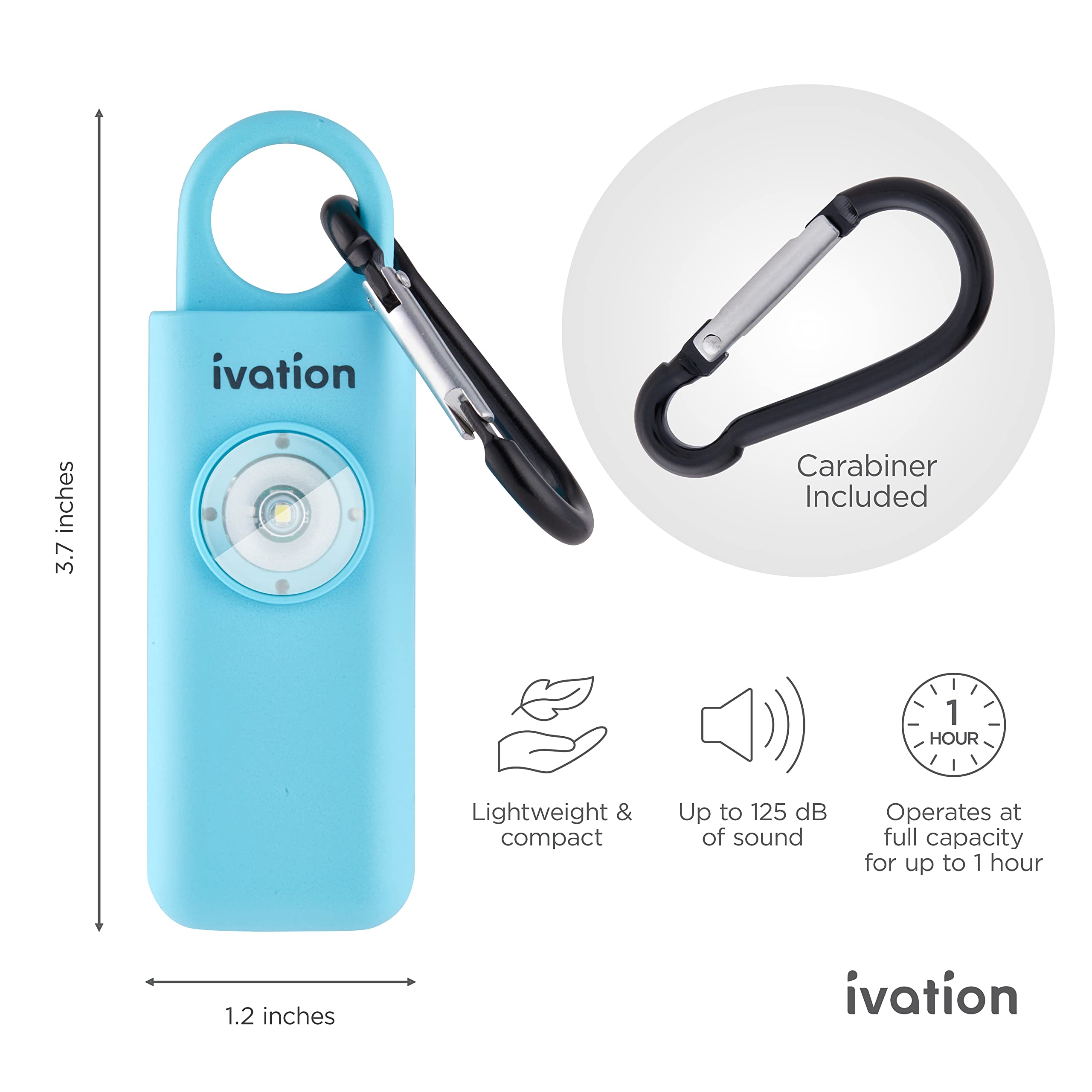 Ivation Personal SOS Alarm Keychain | Self-Defense Safety Siren & LED Panic Strobe Light with Carabiner Clip for Women, Children & Seniors | Pocket Size, Loud 125 dB Sound, Air Travel Friendly