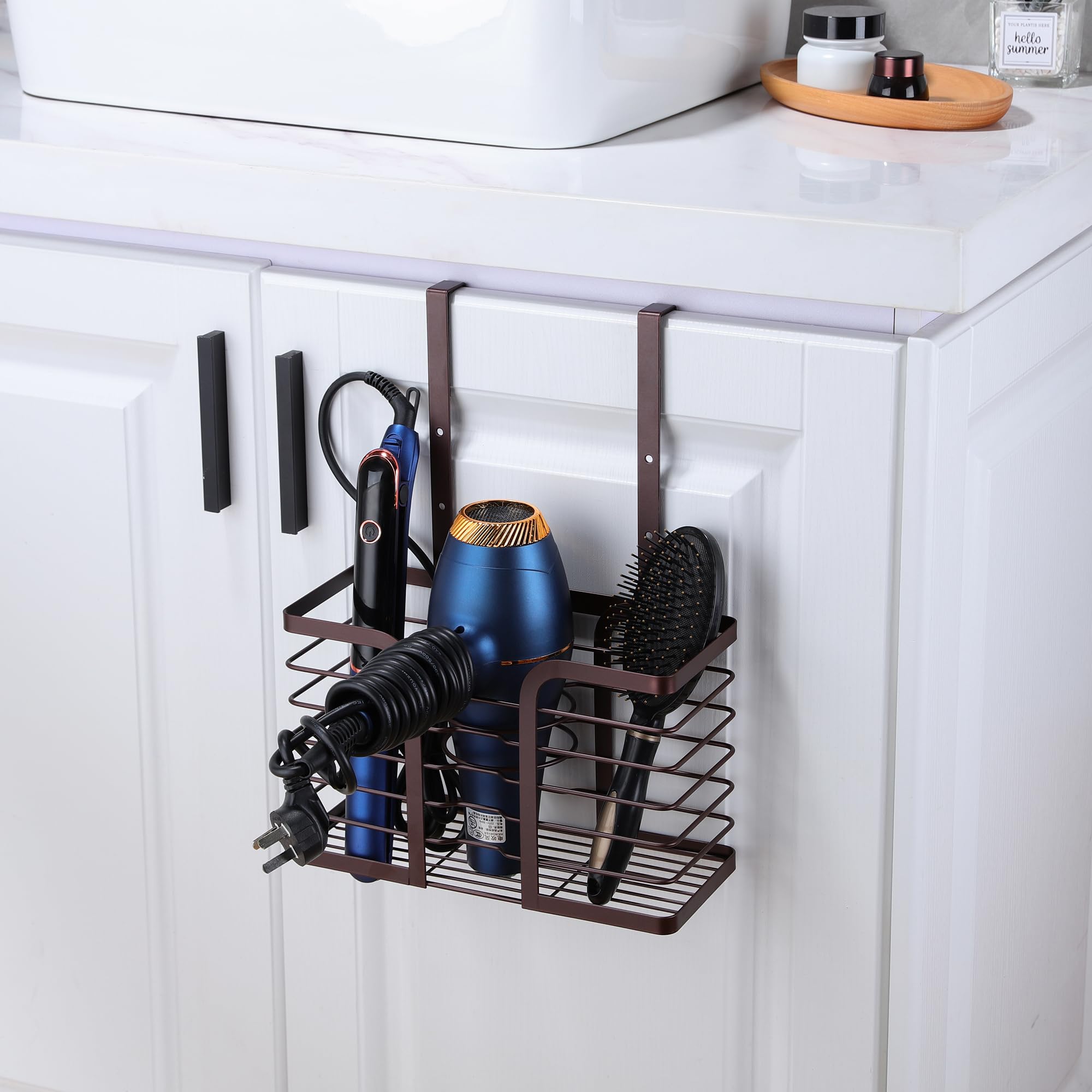 YIGII Hair Dryer Holder - 3-in-1 Blow Dryer Holder Adjustable Height Brown Bathroom Organizer Wall Mounted/Cabinet Door Styling Tools Storage for Hair Dryers, Straighteners