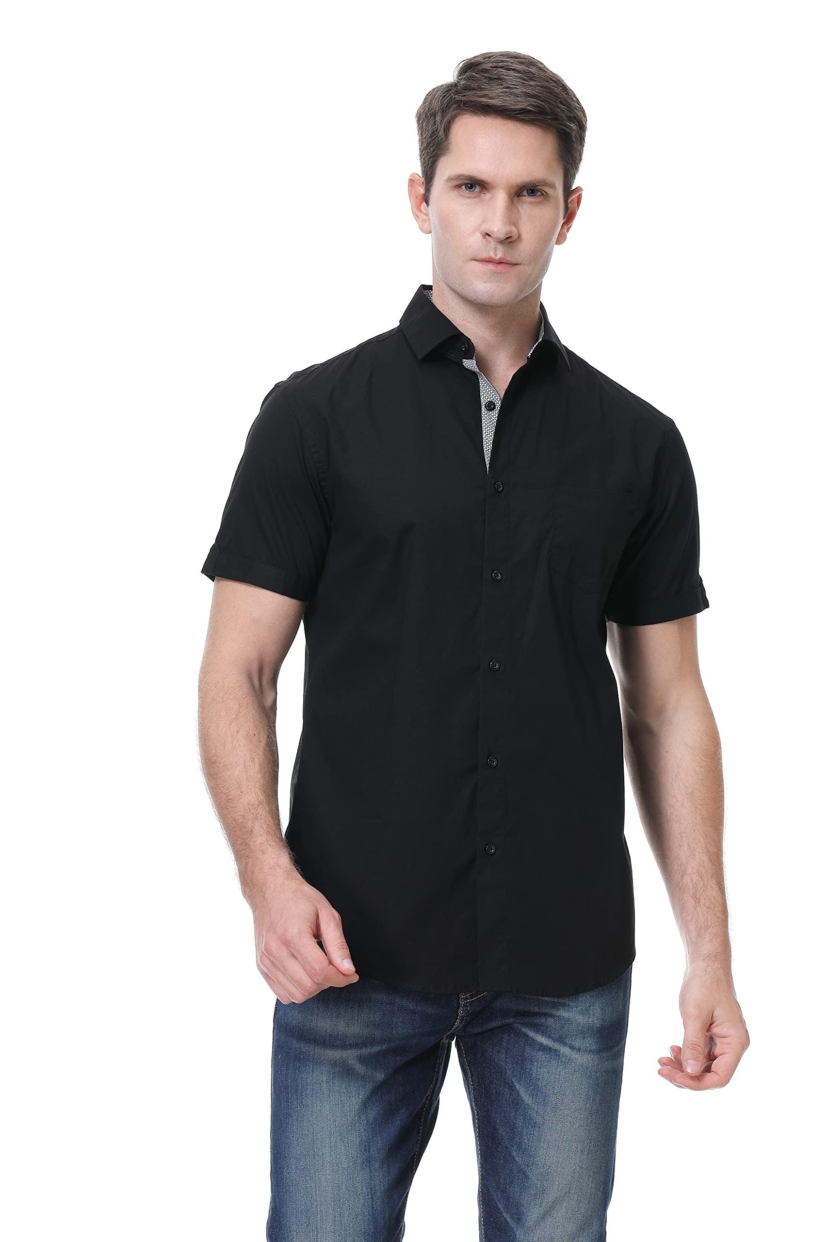 Esabel.C Mens Short Sleeve Dress Shirts Regular Fit Casual Button Down Shirts Black XL