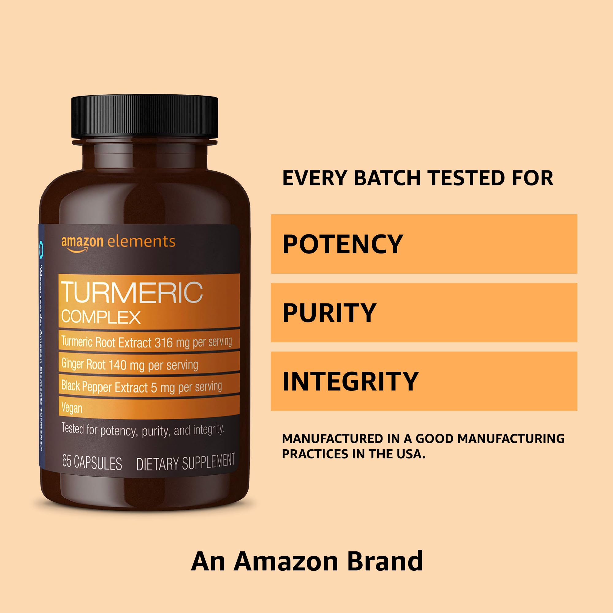 Amazon Elements Turmeric Complex, 316 mg Curcumin, 140 mg Ginger, 5 mg Black Pepper - Joint & Immune System, Healthy Inflammation Response - 65 Capsules (2 month supply)