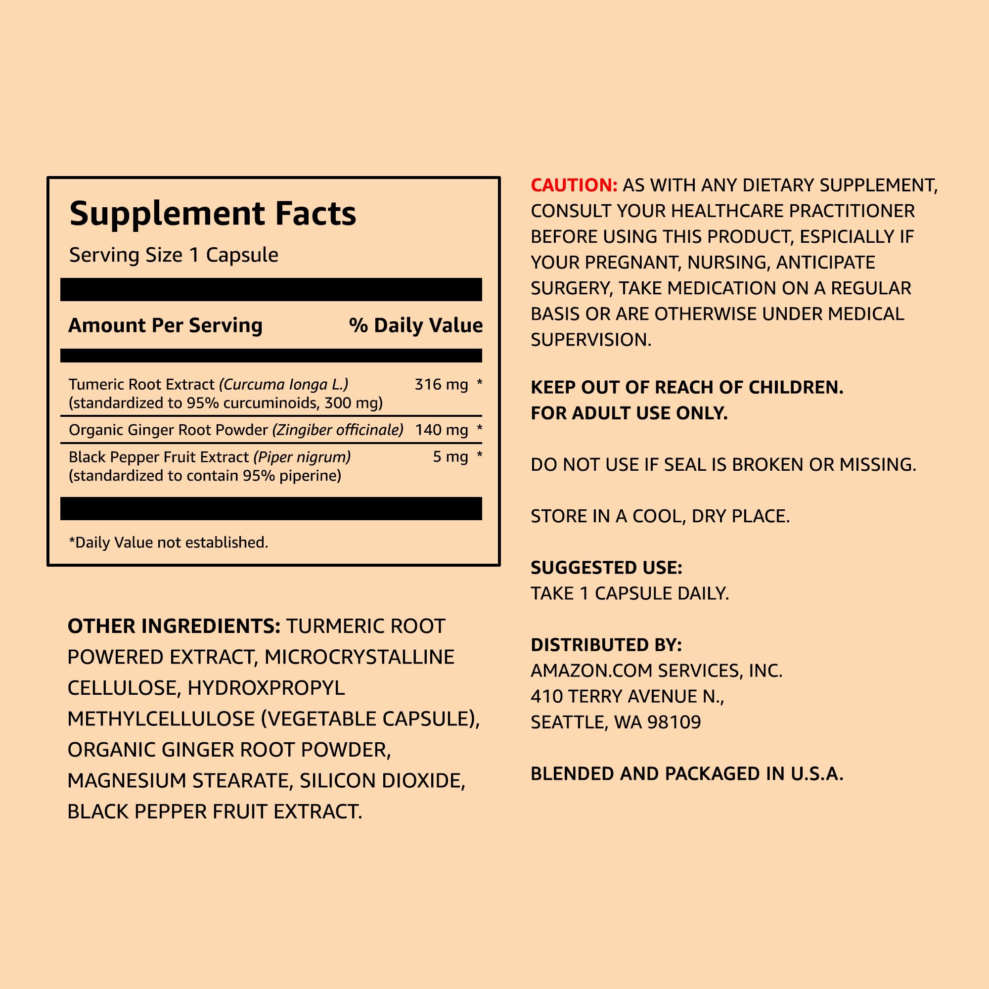 Amazon Elements Turmeric Complex, 316 mg Curcumin, 140 mg Ginger, 5 mg Black Pepper - Joint & Immune System, Healthy Inflammation Response - 65 Capsules (2 month supply)