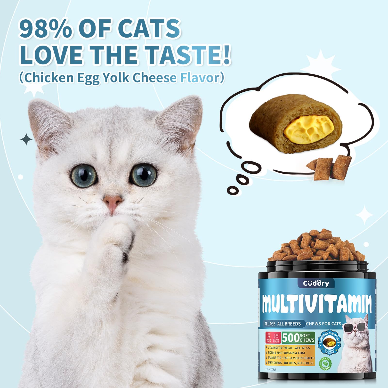 Cat Probiotics Tasty Chews for Digestive & Gut Support Cat Multivitamin, Crunchy & Creamy Cheese Chew– Supports Energy and Skin & Coat
