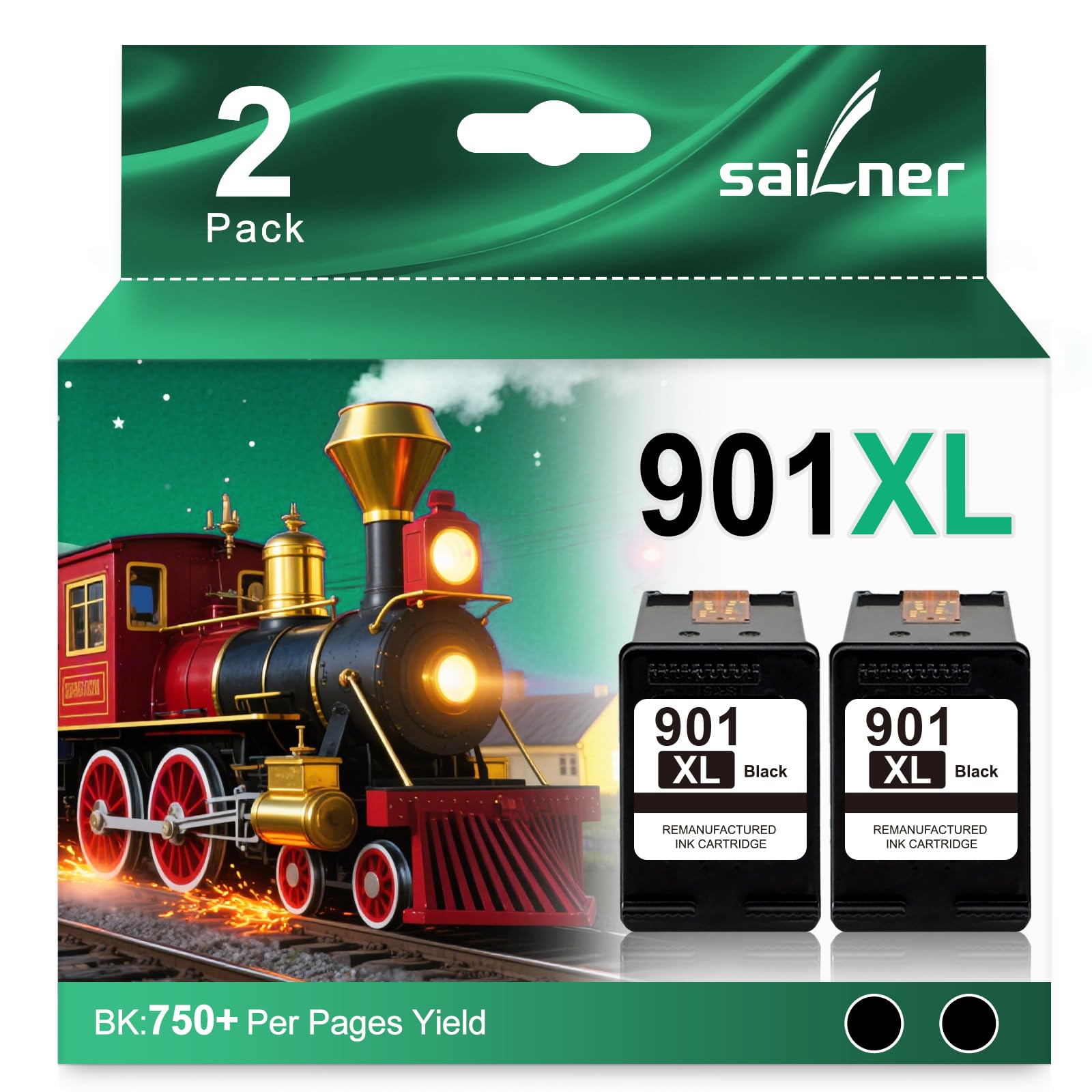 SAILNER 901XL Black Ink Cartridges(2-Pack) Remanufactured Ink for HP 901 901XL Ink Cartridges Work for HP Officejet 4500 J4524 J4540 J4550 J4580 J4624 J4680 Printer Ink 901 XL (High-Yield Black)