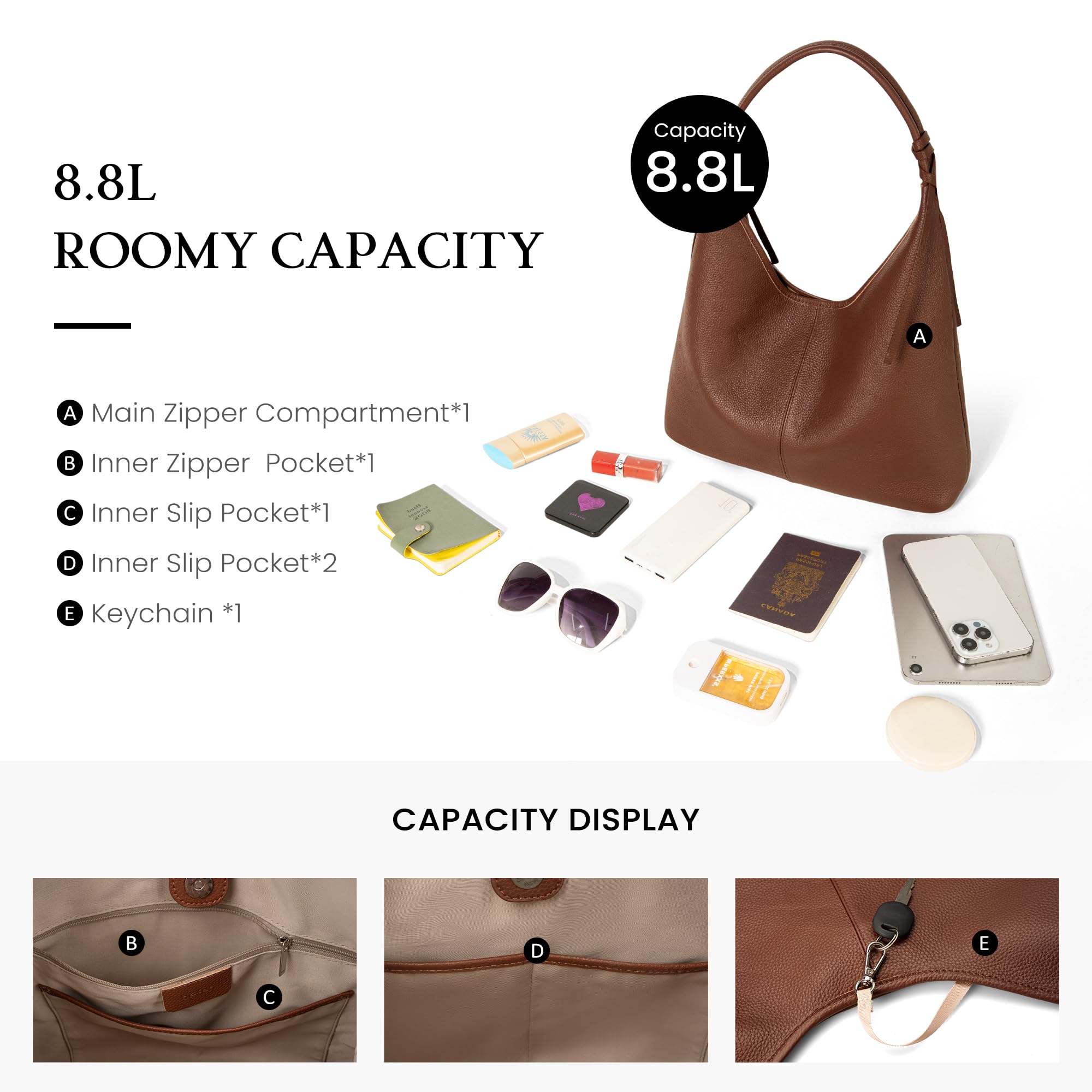 befen Genuine Leather Slouchy Hobo Purses for Women, Casual Hobo Bags Real Top Grain Leather Tote Handbags Women's Brown Shoulder Satchel for Shopping, Outing, Travel