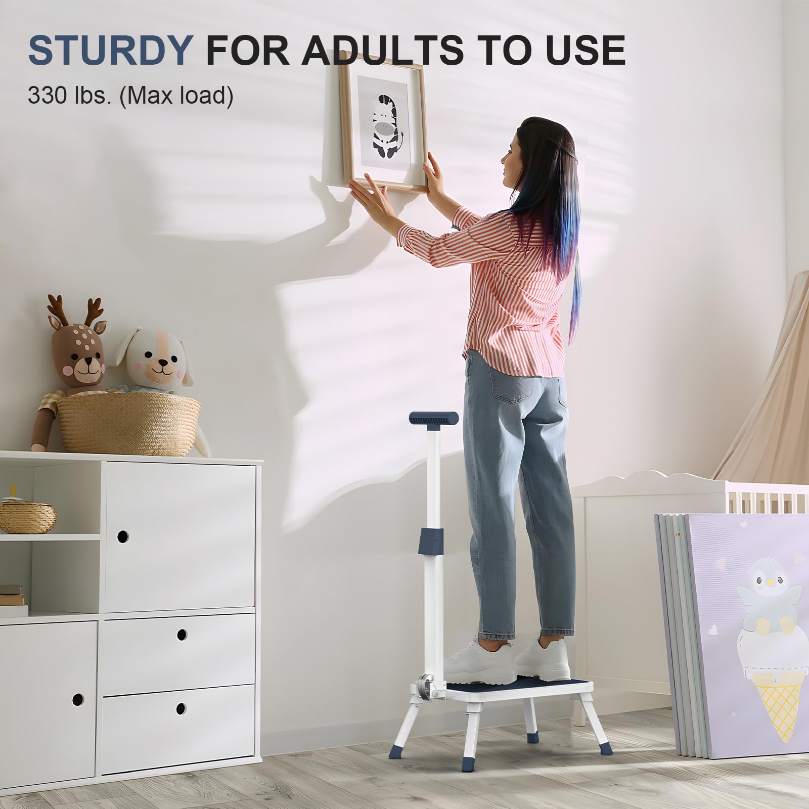 Folding Step Stool, Step Stools with Handle for Elderly Adults, Metal Stepping Stool with Adjustable Handrail in Kitchen, Bathroom, Bedroom, 330 Lbs Capacity