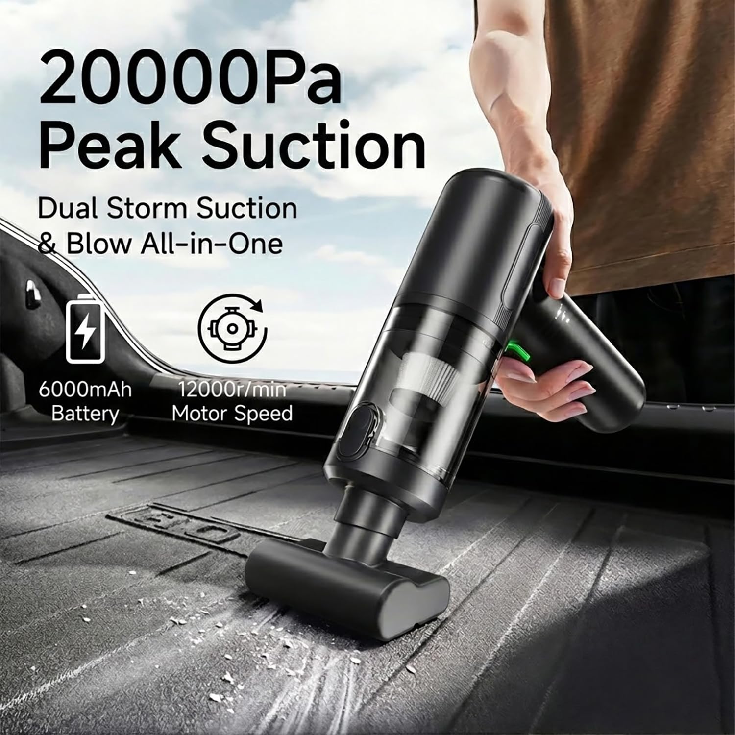 BULLCAR Handheld Car Vacuum Cleaner, 20000Pa Ultra-Strong Suction & Air Duster 2-in-1, Cordless Brushless Motor Portable Vacuum, 100W High Power Mini Vacuum for Car Interior, Home, Office, Pet Hair