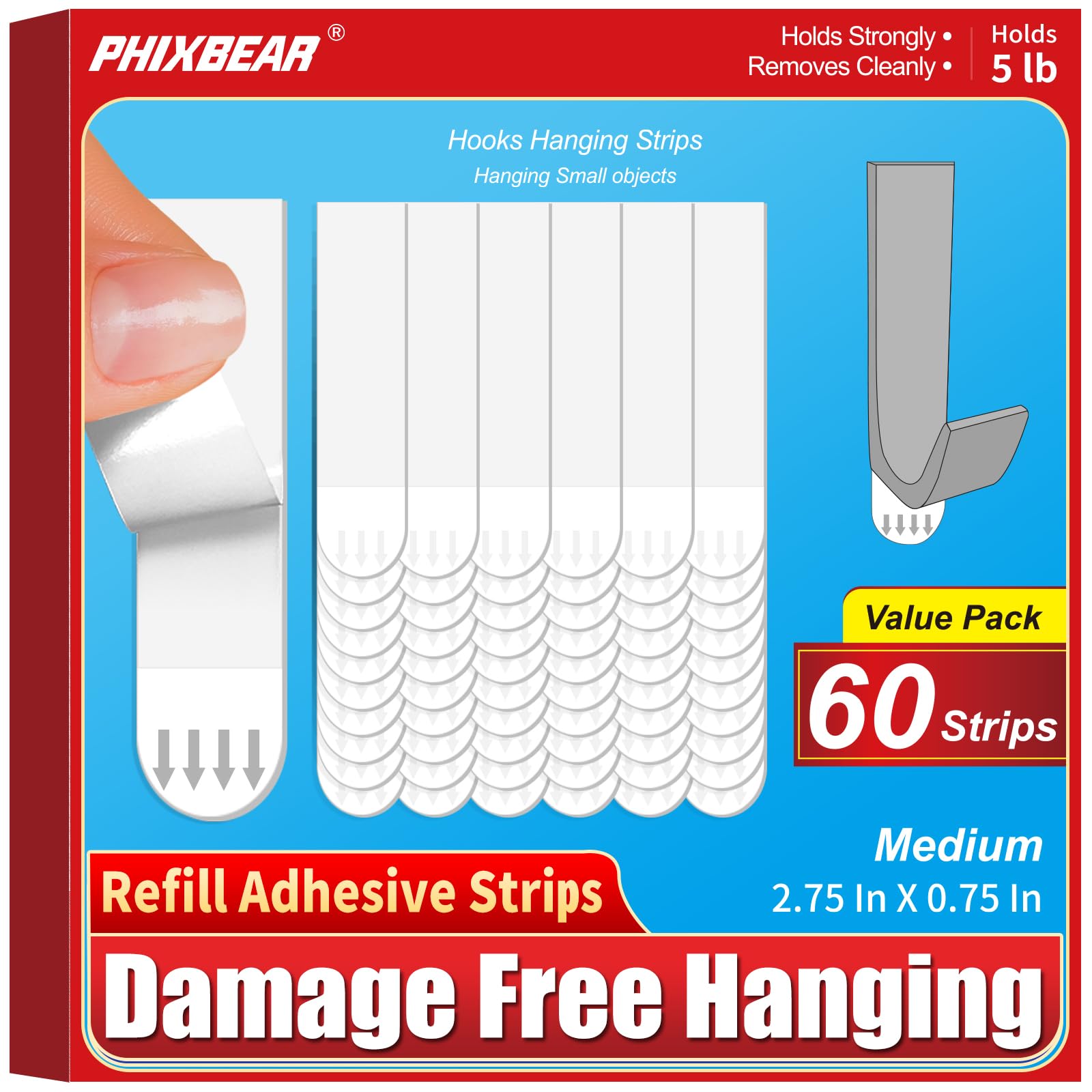 PHIXBEAR Damage Free Hanging Refill Adhesive Strips | 60 Medium White | Wall Poster Picture Strips Heavy Duty | Stretch Remove Cleanly