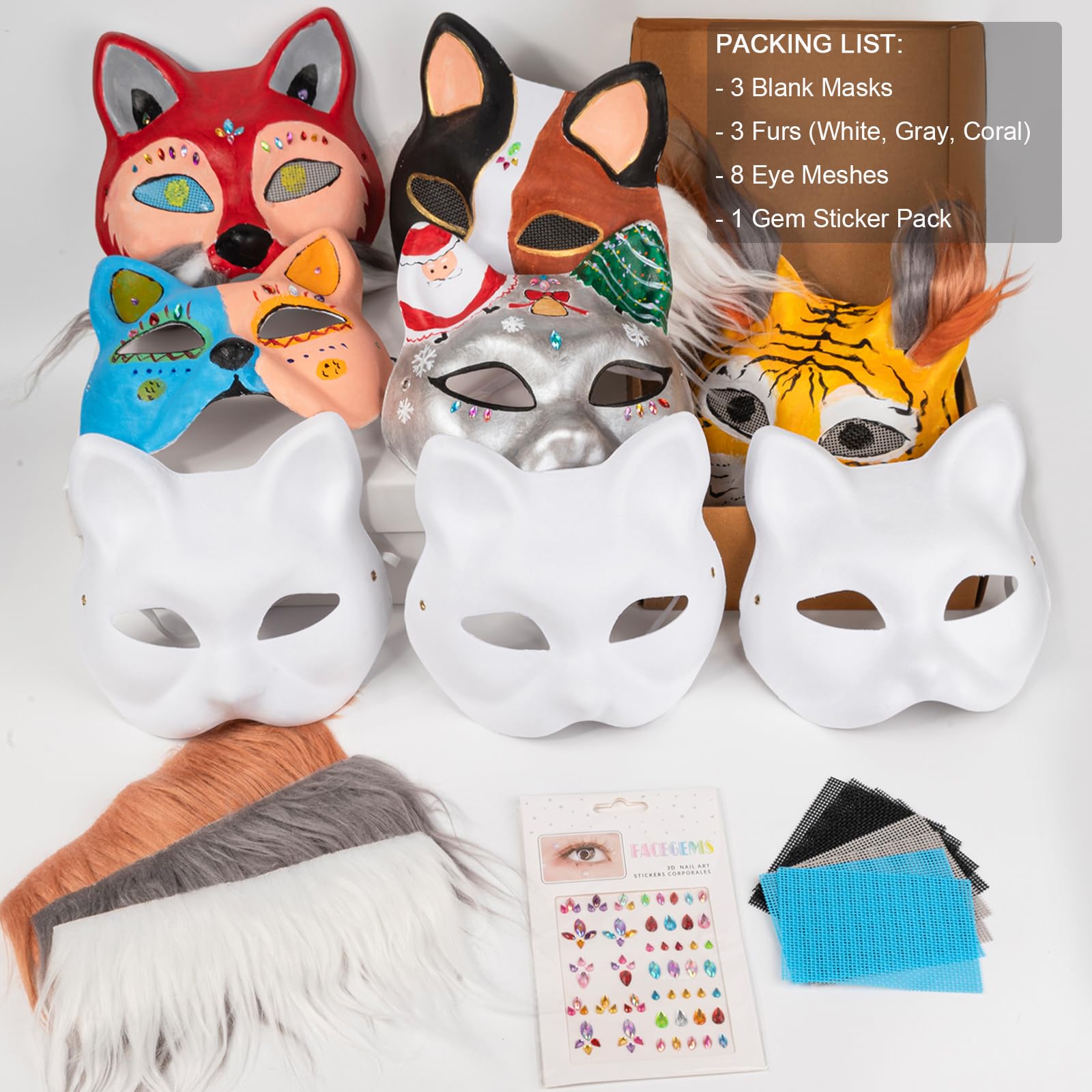 OPPKIE Cat Fox Mask 3PCS with Furs Eye Meshes and Gem Stickers, Therian Dress Up Masks to Paint, Animal Mask Arts Crafts Kit, Costume Masks for Halloween Masquerade Cosplay Party Interaction