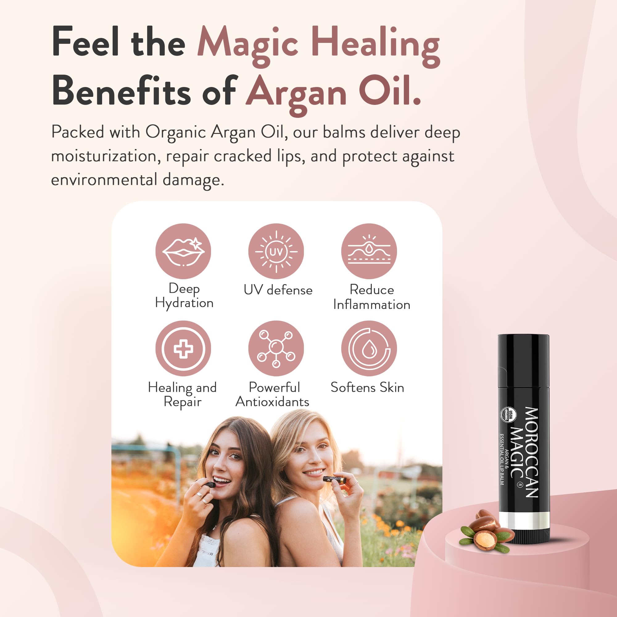 Moroccan Magic Organic Peppermint Eucalyptus Lip Balm 3 Pack | Chapsticks for Dry Lips | Natural Argan & Essential Oils Lip Moisturizer + Vitamin E | Smooth, Hydrating, Non-Toxic | Organic Lip Balm