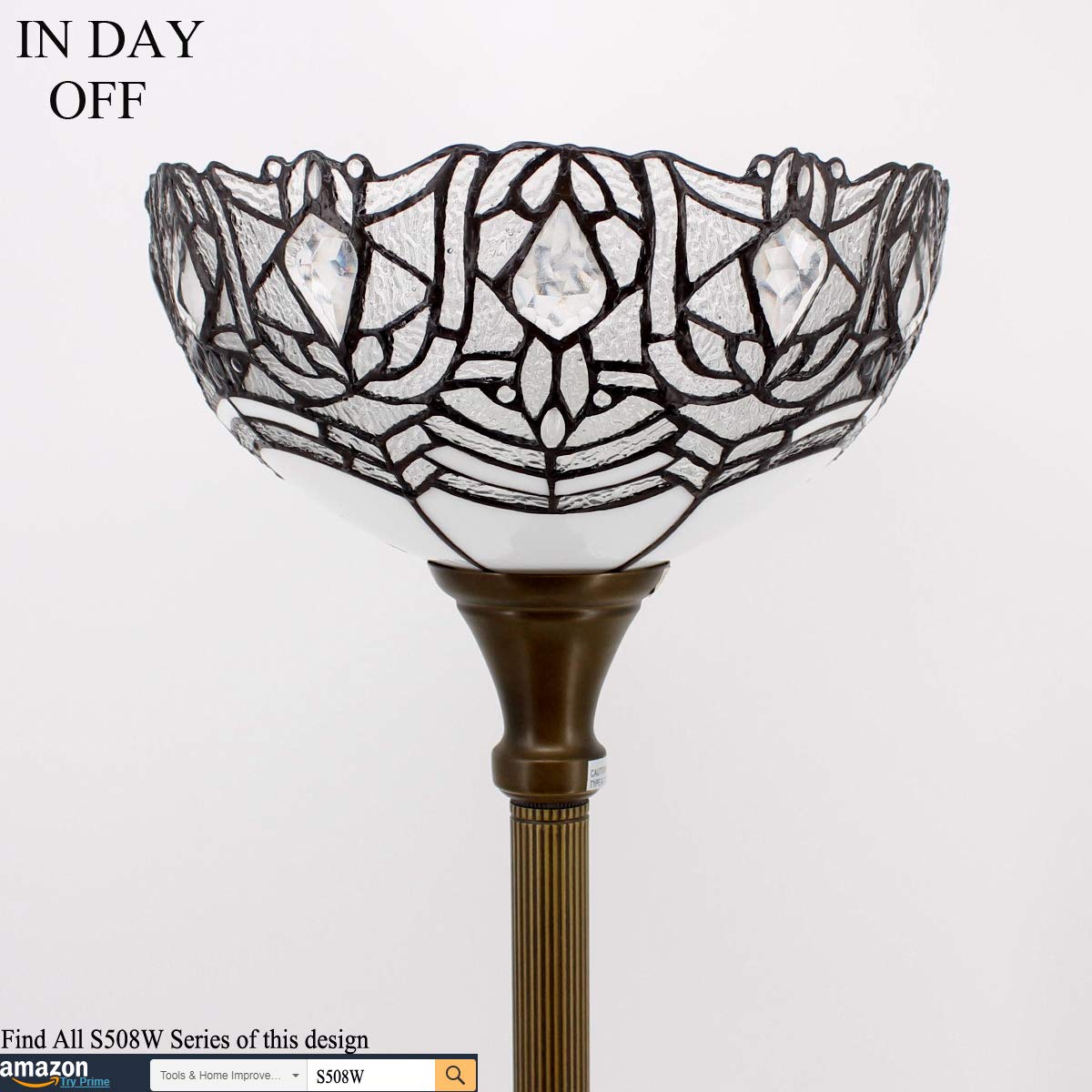 WERFACTORY Tiffany Floor Lamp White Crystal Stained Glass Light 12X12X66 Inches Pole Torchiere Standing Corner Torch Uplight Decor Bedroom Living Room Home Office S508W Series