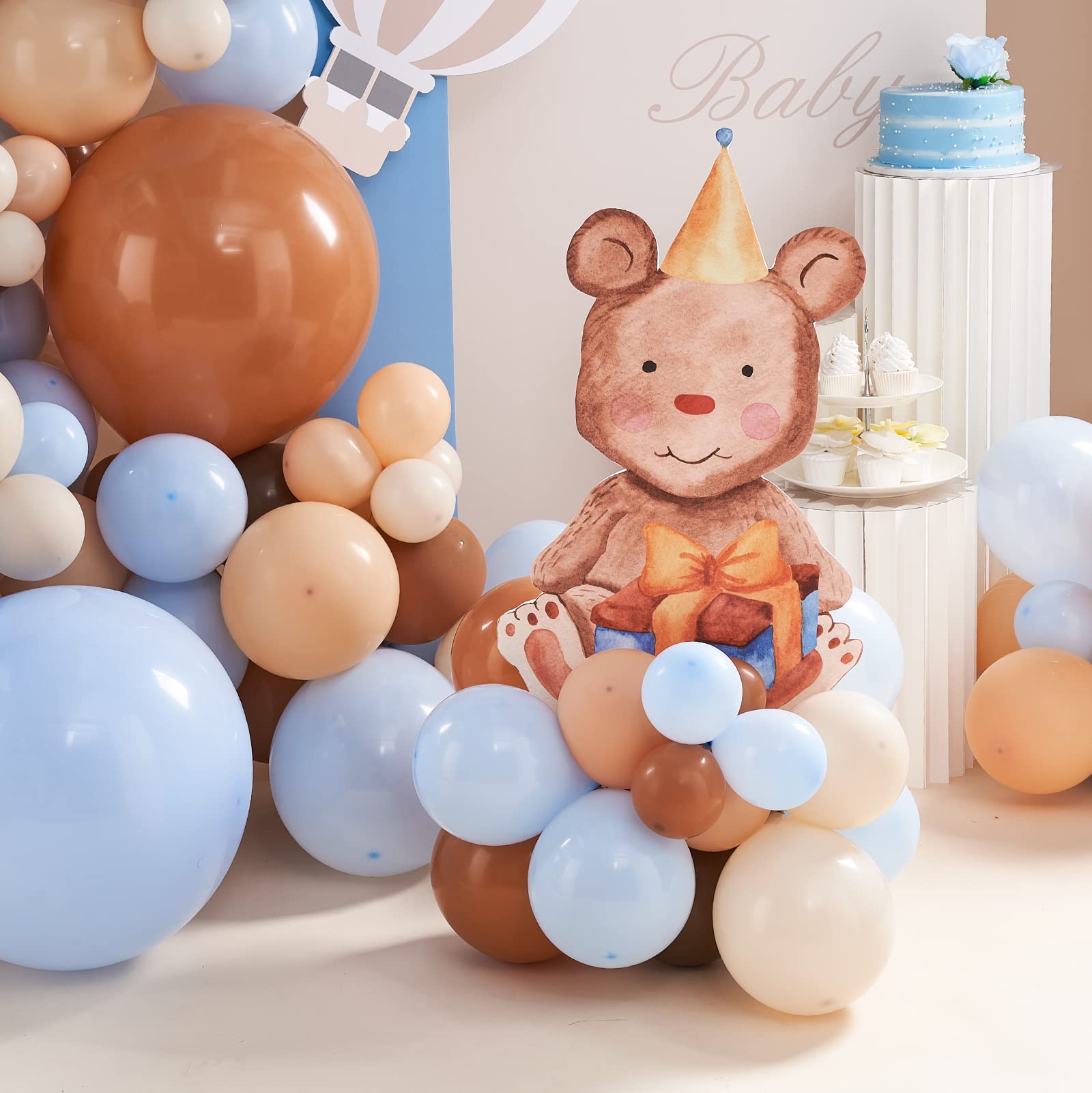 PartyWoo 140 pcs Blue and Brown Balloon Garland Kit, Brown, Pastel Blue, Sand White, Apricot Balloons for Balloon Garland Arch Kit, Birthday Decorations for Boy, Bear Baby Shower Decorations