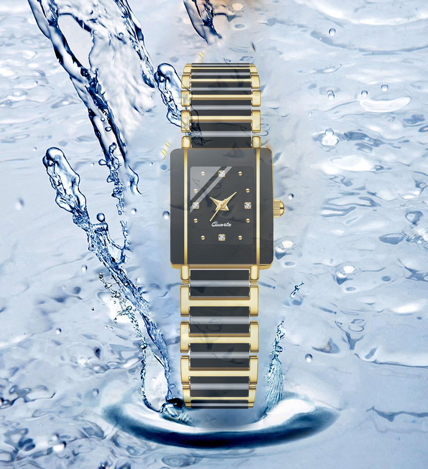 BESTKANG Vintage Square Ceramic Ladies Quartz Watch with Diamond Accents, Waterproof, Elegant Women's Wrist Watch (Black Gold)