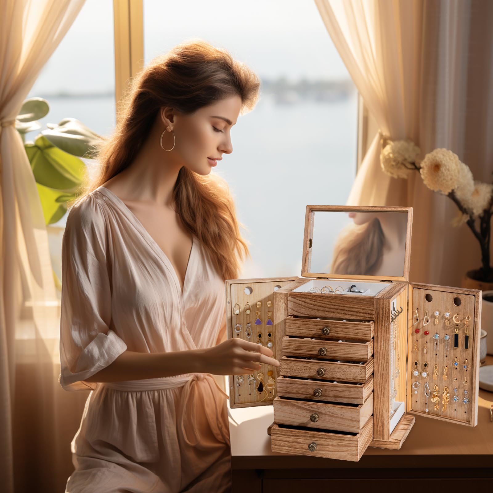 ProCase Large Jewelry Box, 7-Layer Wooden Jewelry Boxes for Women, Jewellery Holder Organizer Storage Case with Mirror for Earrings Bracelet Necklace for Dresser, Mother's Day Gift -Natural