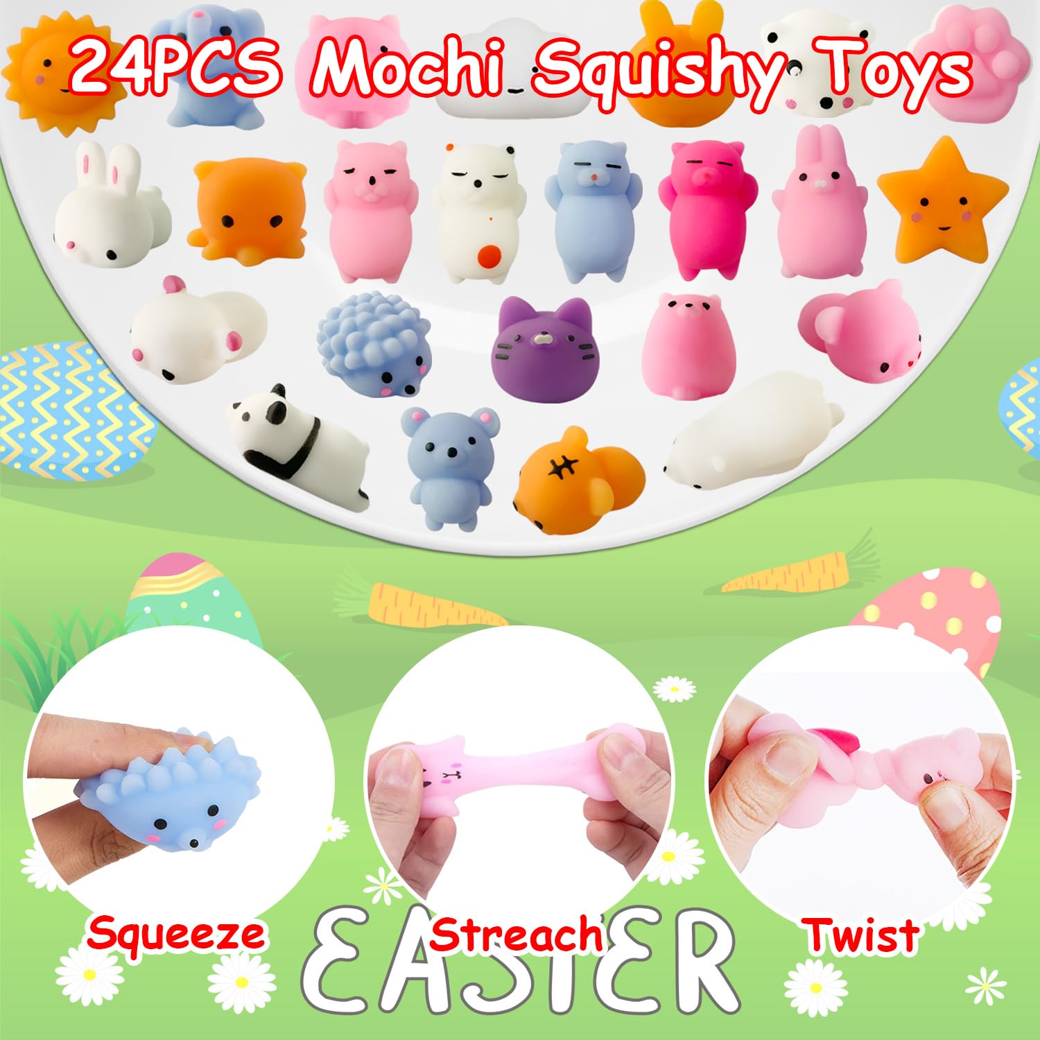 24 Pack Fillers Easter Eggs with Mochi Squishy Toys Surprise Mini Kawaii Animal Squishies Stress Relief Toys for Easter Basket Stuffers Hunt Theme Party Favors Classroom Prize Supplies