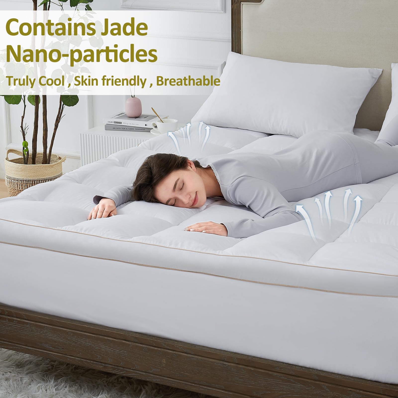 Mattress Topper Queen, Cooling Mattress Pad Cover for Hot Sleepers, Extra Thick 5D Snow Down Alternative Overfilled Plush Pillow Top with 8-21 Inch Deep Pocket -60"x80" Cream White