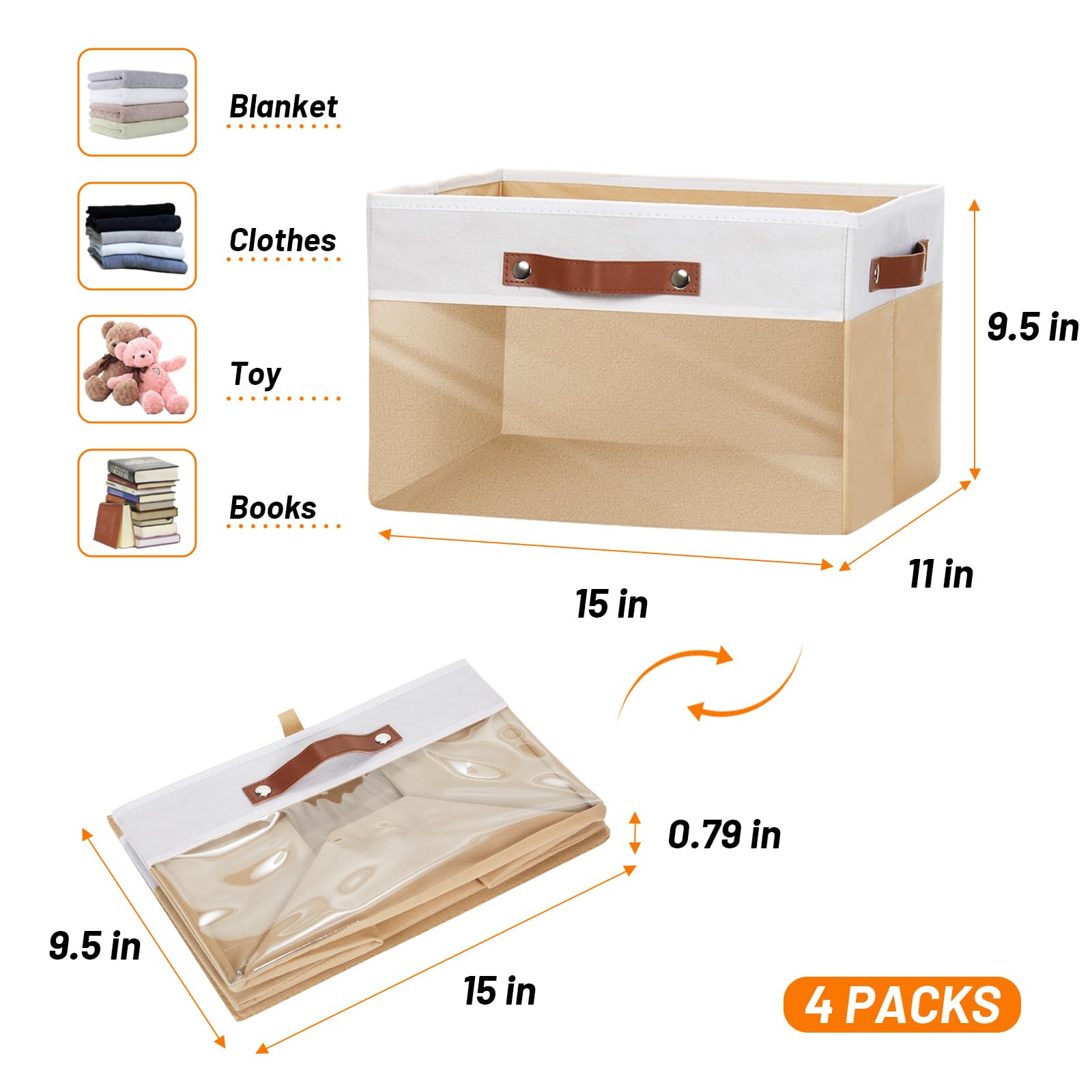 HNZIGE Large Storage Bins with Clear Window, Collapsible Fabric Storage Bins 3 Pack, Linen Closet Organizers for Clothes Shelves, Foldable Storage Baskets for Organizing Toy(White Beige 15 x 11 x 9.5)
