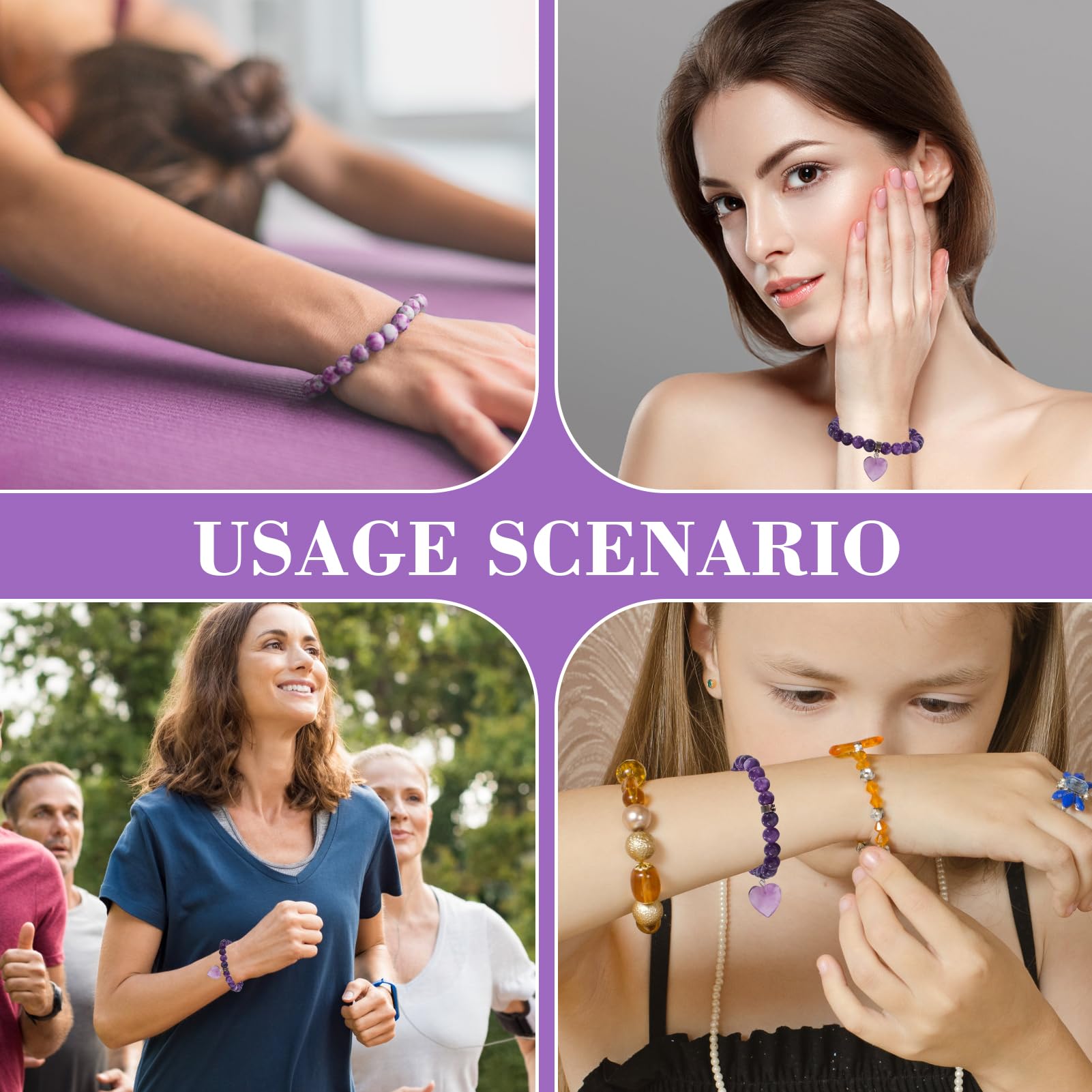 Jawfait Amethyst Healing Stone Bracelet for Women,Heart Charm Beads Crystal Energy Bracelet Stretch 8mm Handmade Jewelry