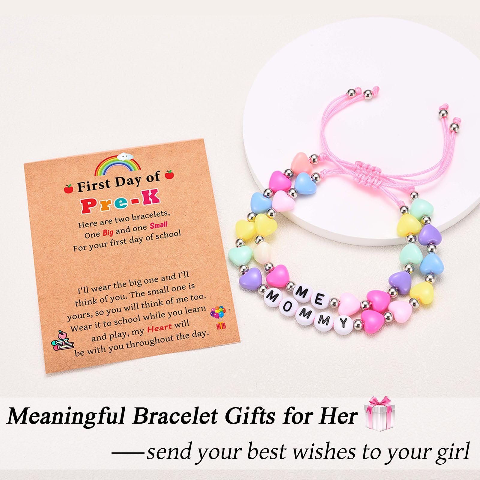 IKIATY First Day of Preschool Bracelet Gifts, First Day of School Prek Bracelet Mommy and Me, Mother Mom and Daughter Heart Bracelets Set 2, Back to School Gifts for Girls Daughter