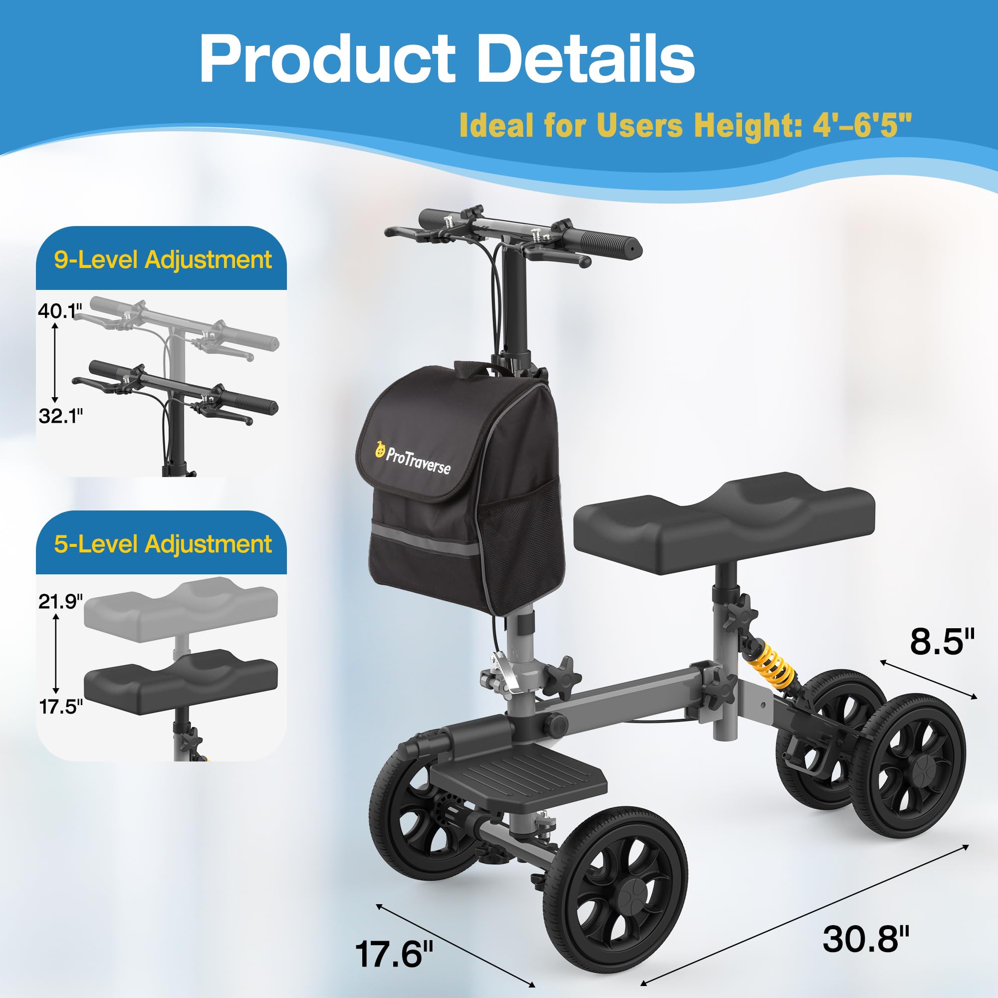 ProTraverse All Terrain Knee Scooter,Foldable & Steerable Knee Walker with Comfort Knee Pad, Dual Brakes,Crutch Alternative for Broken Foot & Ankle Recovery,Grey