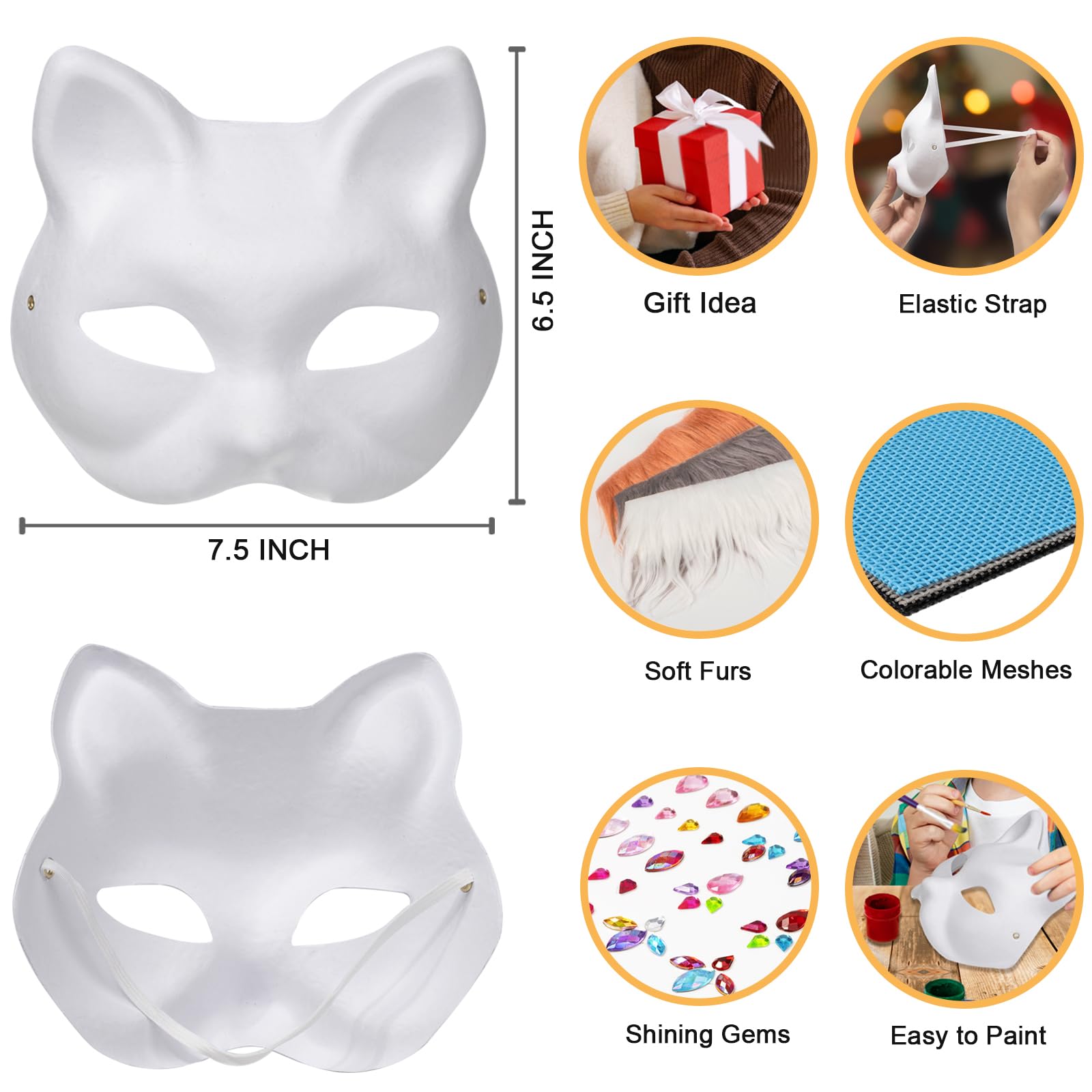 OPPKIE Cat Fox Mask 3PCS with Furs Eye Meshes and Gem Stickers, Therian Dress Up Masks to Paint, Animal Mask Arts Crafts Kit, Costume Masks for Halloween Masquerade Cosplay Party Interaction