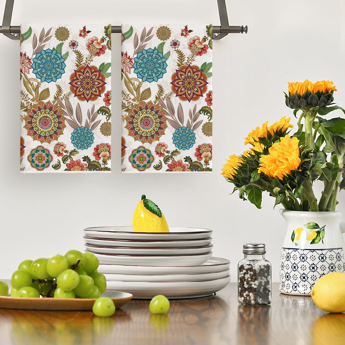 Artoid Mode Bohemian Floral Mandala Spring Kitchen Towels Dish Towels, 18x26 Inch Seasonal Decoration Hand Towels Set of 2