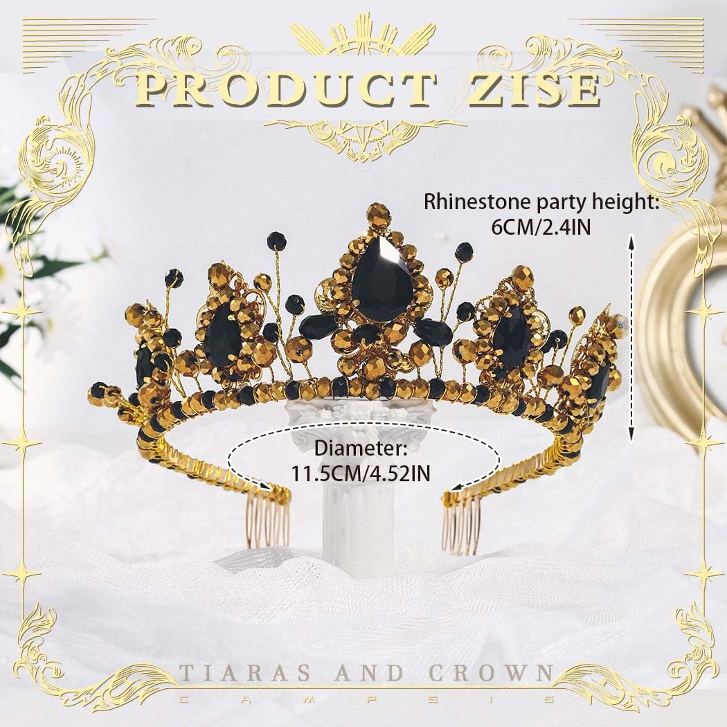 Campsis Baroque Crown and Tiaras Black and Gold Queen Crown Rhinestone Wedding Crowns with Comb Party Prom Renaissance Accessories for Women