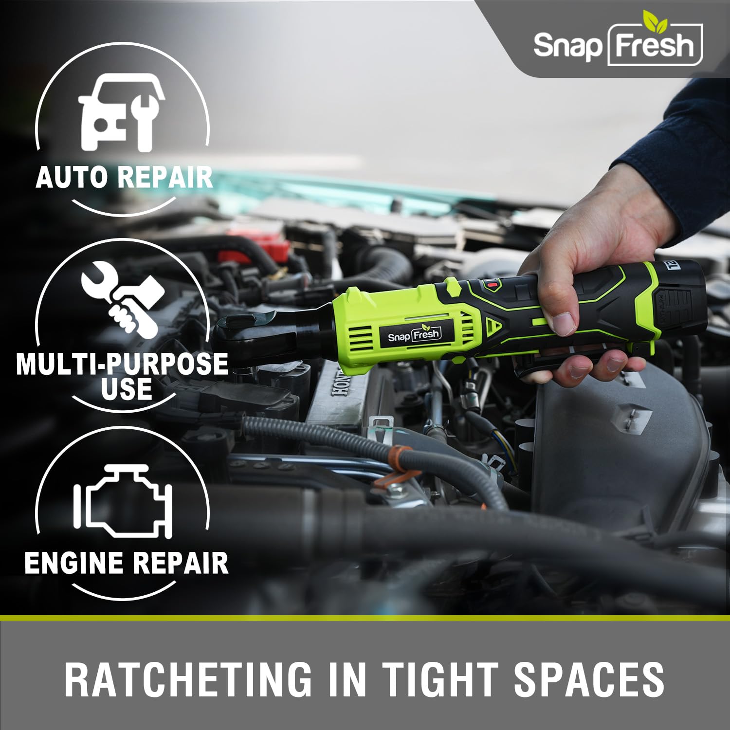 SnapFresh Cordless Electric Ratchet Wrench – 55 ft-lbs Torque, 12V Sub-Compact 3/8" Drive Power Tool with Variable Speed, 9 Sockets, 1/4" Adapter, (2×2.0Ah Batteries & Fast Charger)