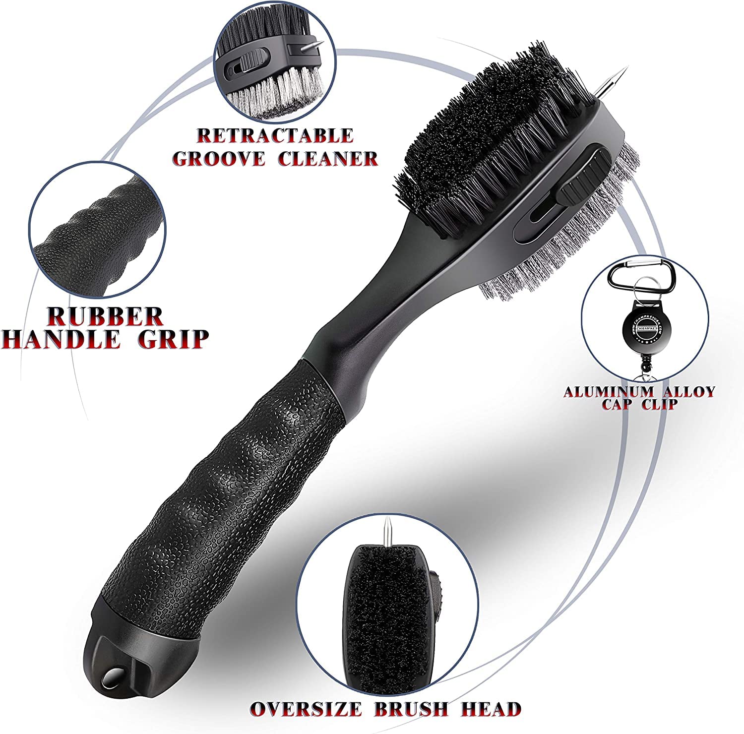 CHAMPKEY PRO Retractable Golf Club Brush | Oversized Brush Head with Soft Rubber Hand Grip & Retractable Groove Cleaner Golf Brush (Black 2 Pcs)