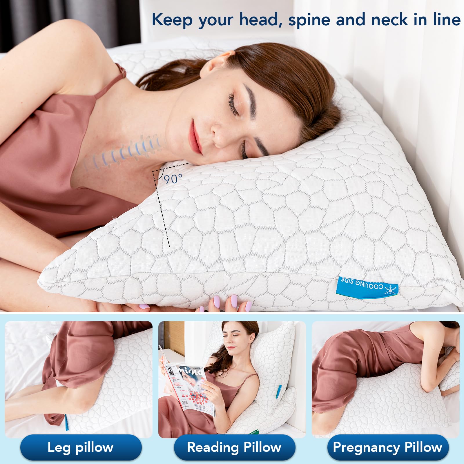 SUPA MODERN Cooling Side Sleeper Pillow for Neck and Shoulder Pain, Luxury Shredded Memory FoamBed Pillows for Sleeping Set of 2- Adjustable Queen Size Curved Pillow Neck Pillow