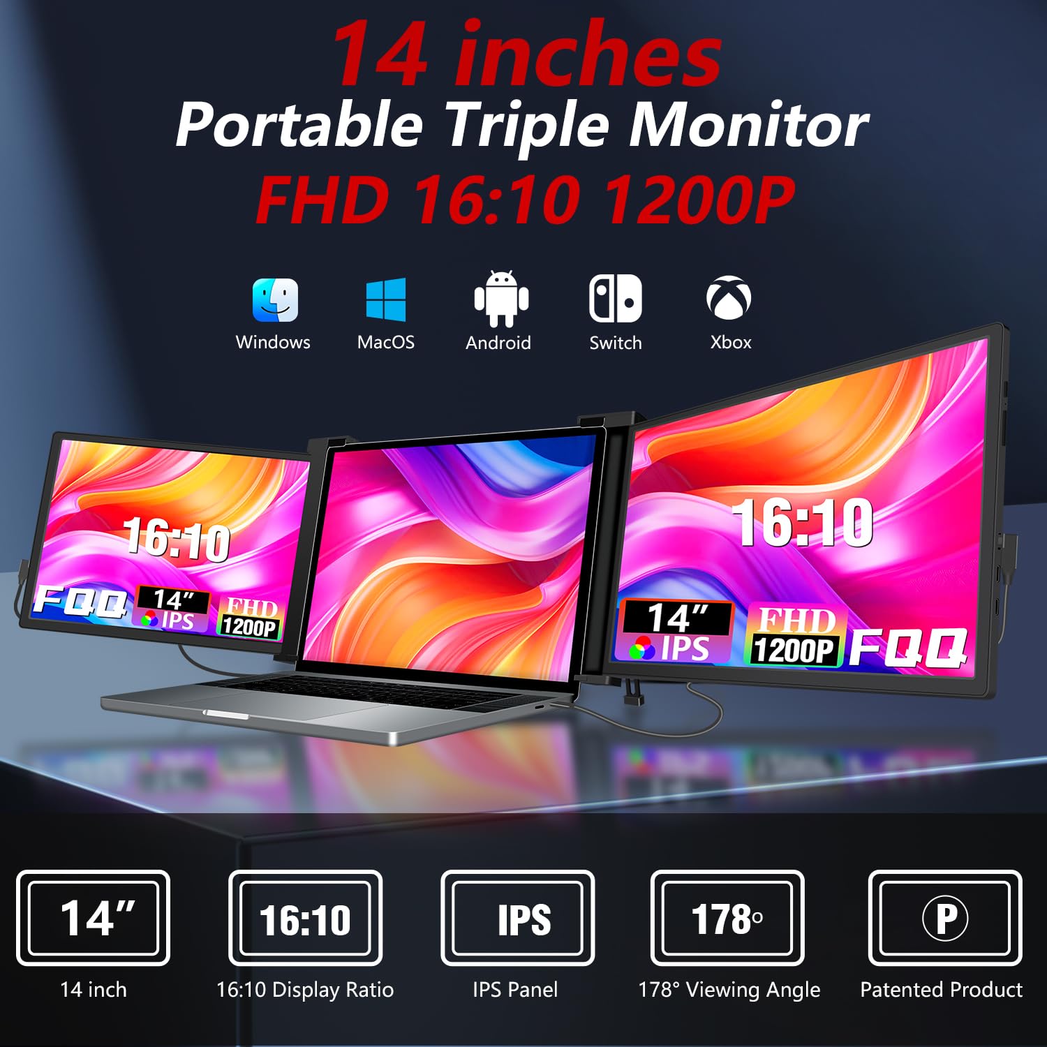 FQQ 14” Triple Laptop Screen Extender, 1920 * 1200P FHD IPS Portable Monitor for 15” - 17.3" Laptop, 16:10, Dual Monitor Display for Win/MAC(Not Included M1, M2, M3), HDMI/USB-C Plug & Play