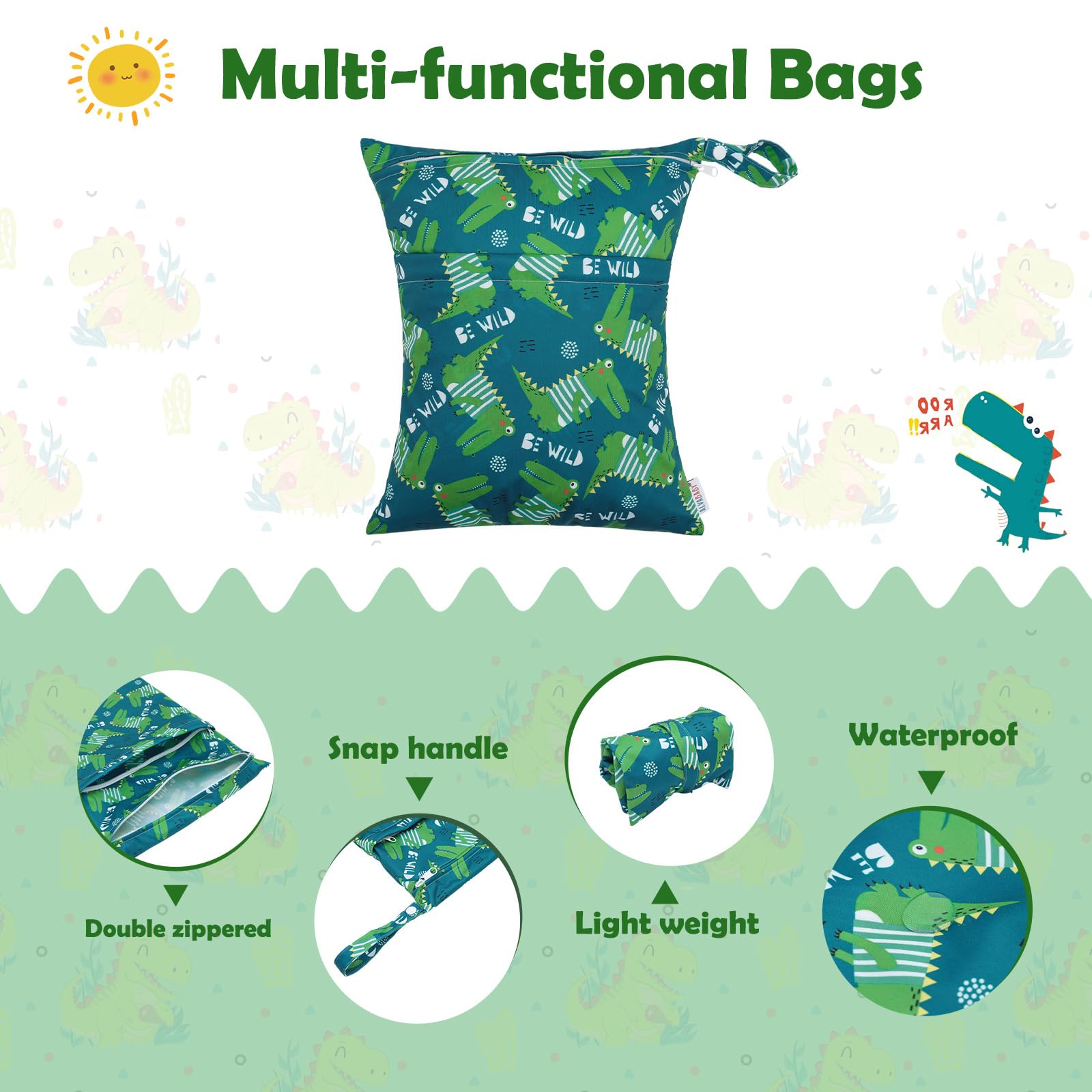 ALVA ALVABABY 3pcs Cloth Diaper Wet Dry Bags Waterproof Reusable with Two Zippered Pockets Travel Beach Pool Daycare Soiled Baby Items Yoga Gym Bag for Swimsuits or Wet Clothes 3L-ZM16A