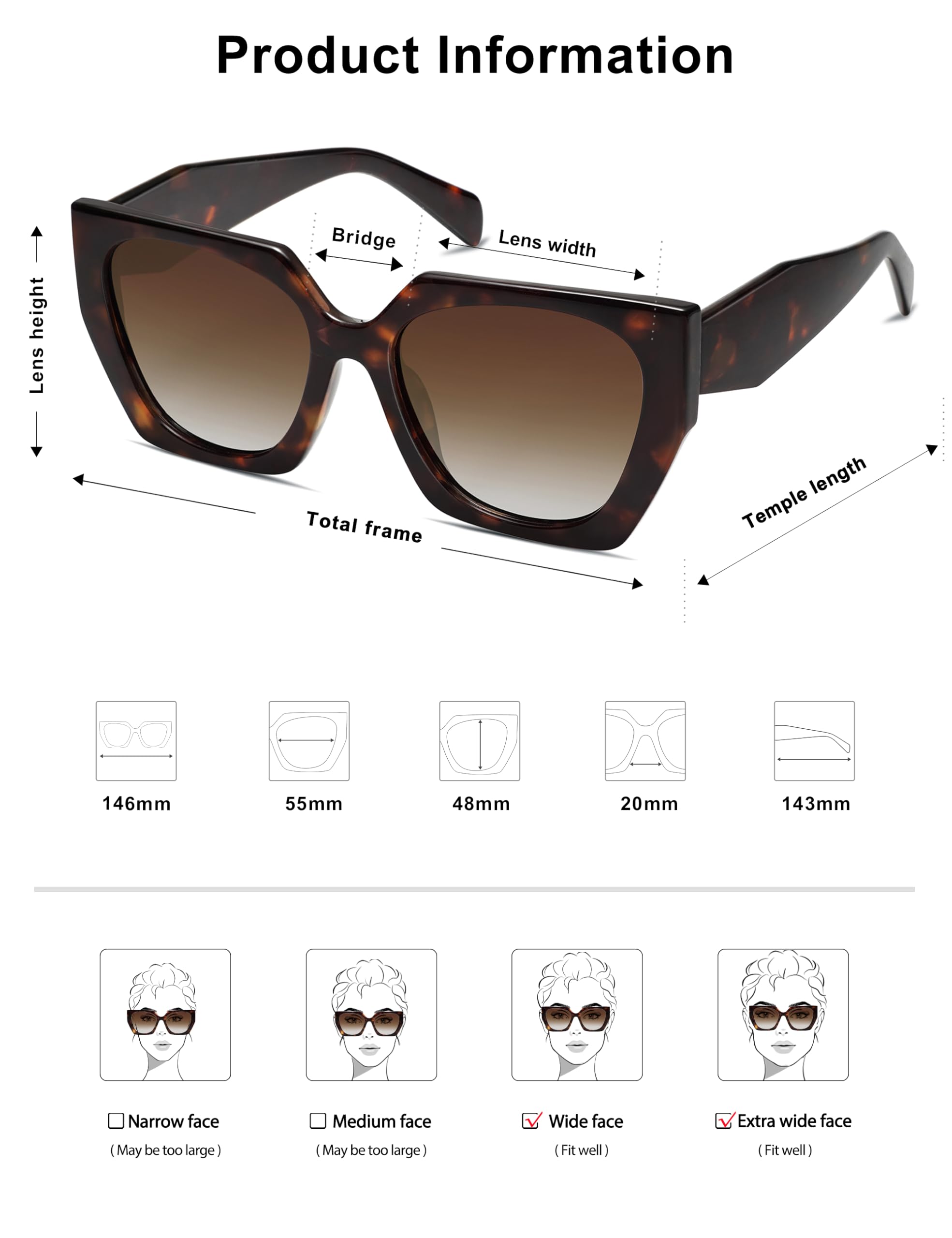 SOJOS Large Oversized Polarized Sunglasses for Women, Big Designer Womens Trendy Square Shades SJ2205, Dark Tortoise/Brown
