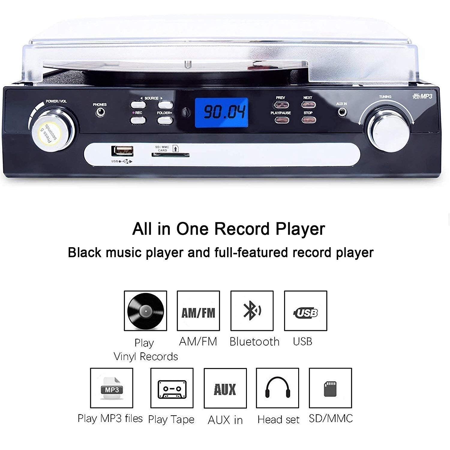 DIGITNOW Bluetooth Record Player with Stereo Speakers, Turntable for Vinyl to MP3 with Cassette Play, AM/FM Radio, Remote Control, USB/SD Encoding, 3.5mm Music Output Jack(Black)