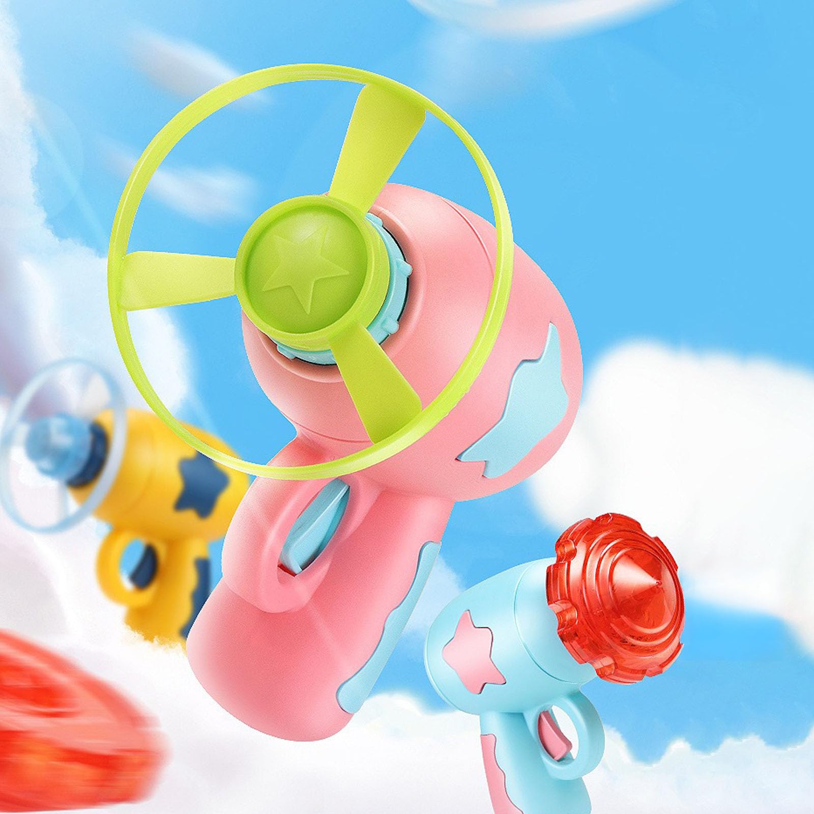 Vilbocr Flying Disc Launcher Toy,Fun and Easy-to-Use Outdoor Toys Outside Yard Games Kids 3-8,1 Flying Saucer & 6 Discs and Gyroscope(2 Glow in The Dark),Launch up to 32 ft (Green)