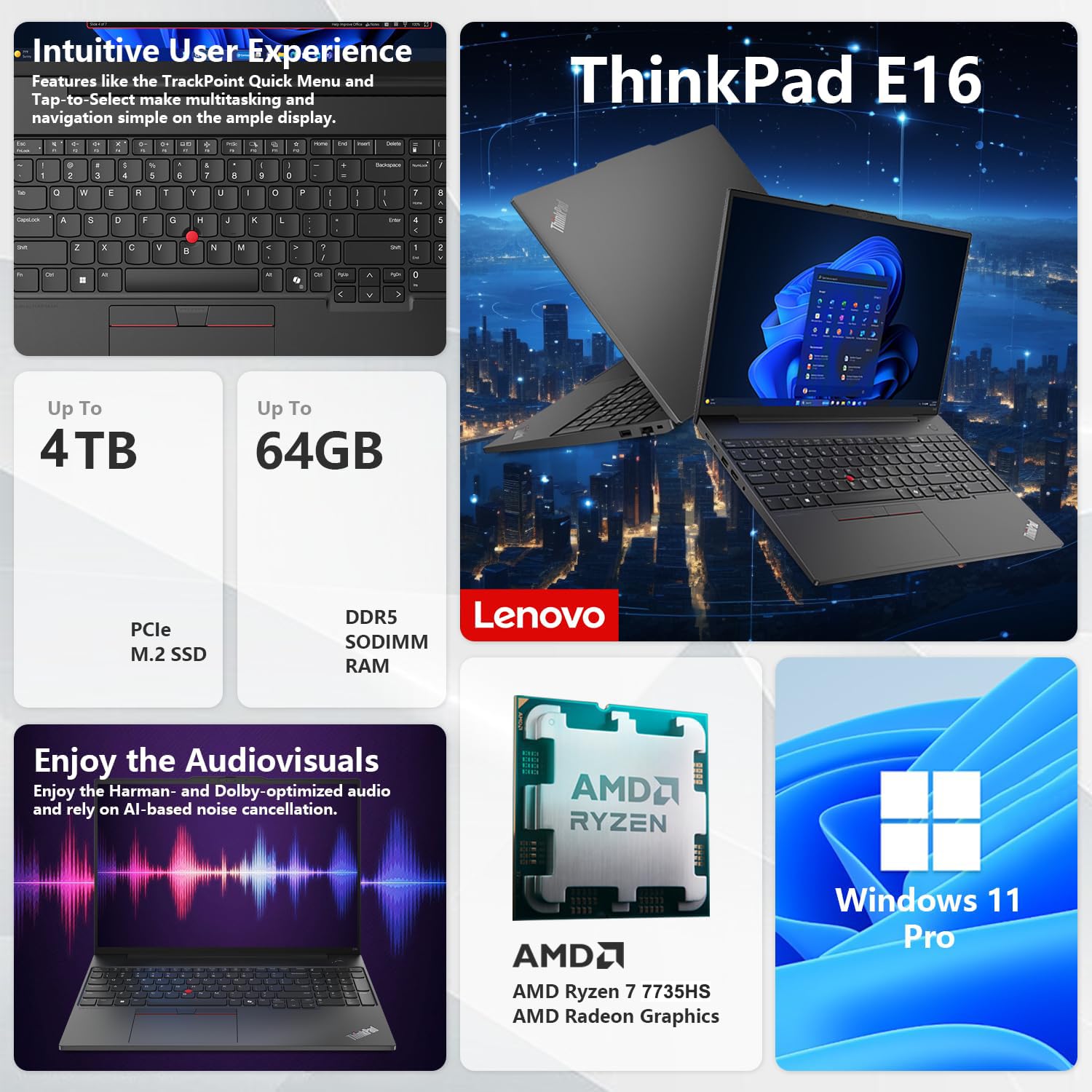 Lenovo ThinkPad E16 Gen 2 Business Laptop Computer, AMD 8-Core Ryzen 7 7735HS (Beat i7-1355U), 32GB DDR5 RAM, 1TB PCIe SSD, 16" FHD+, WiFi 6, Backlit KB, Fingerprint Reader, Windows 11 Pro, Vent-Hear