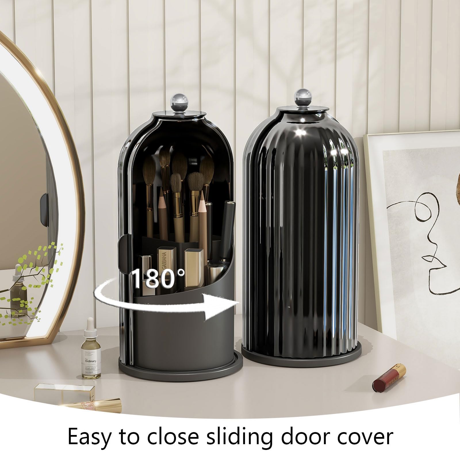 Emljkvp Makeup Brush Holder with Dustproof Cover 360 Rotating Makeup Brush Organizer for Vanity Bathroom, All Black