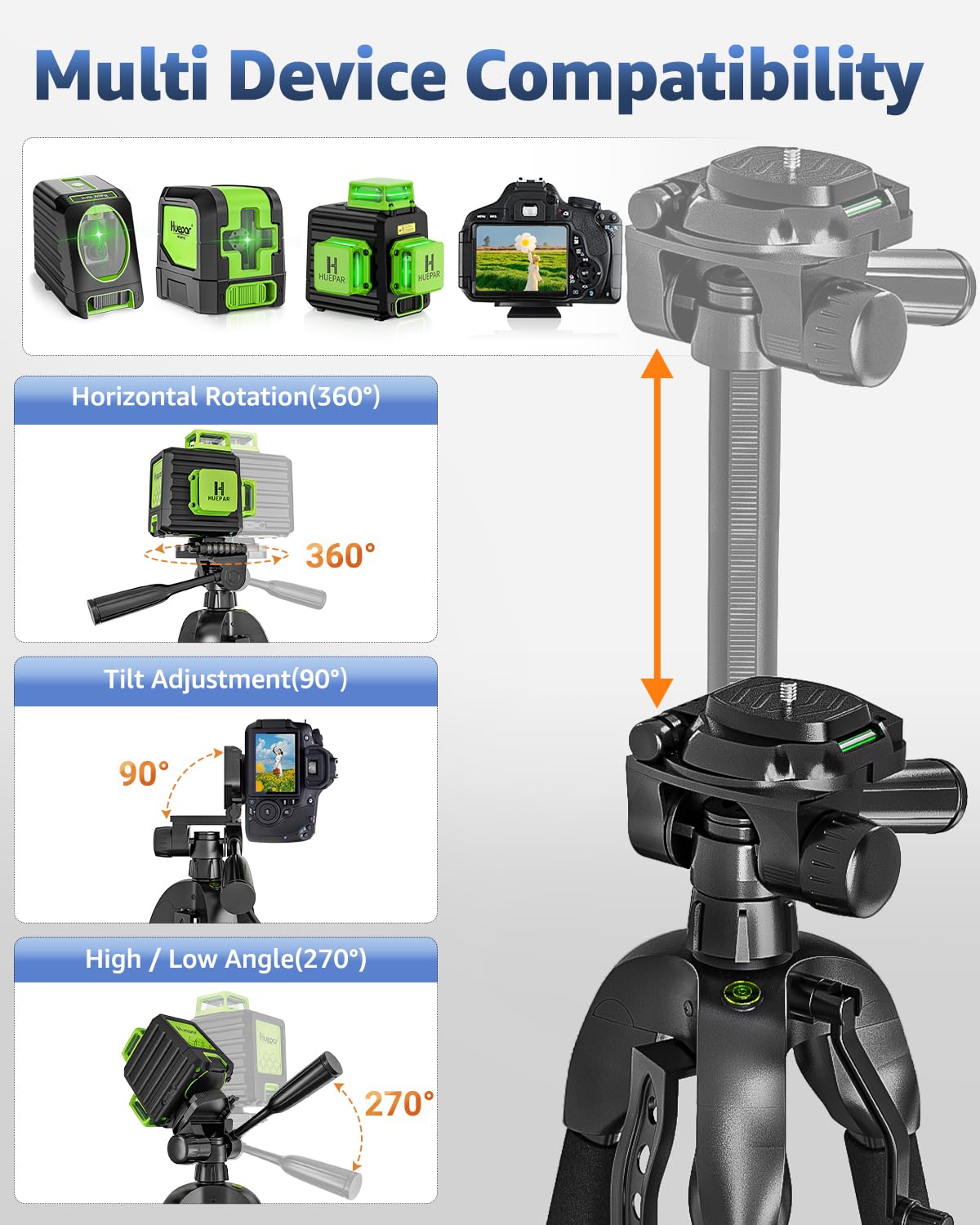 Laser Level Tripod, Huepar 56-inch Extendable Height Tripod Use with Line Lasers, Point Lasers, Laser Distance Measures, 1/4" and 5/8" Thread Mount, Multi-Function Hook, Non-Skid Feet, TPD14