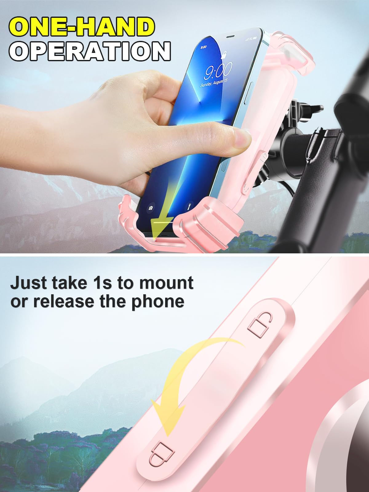 CRUIHOG Bicycle Phone Holder,Motorcycle Handlebar Phone Mount,1S Quick Lock Release,360°Rotation Silicone Wrapped Phone Clamp Stand for E-bike,Scooter ATV Strollers Bike Phone Clip,for 4.7- 6.8"Phones