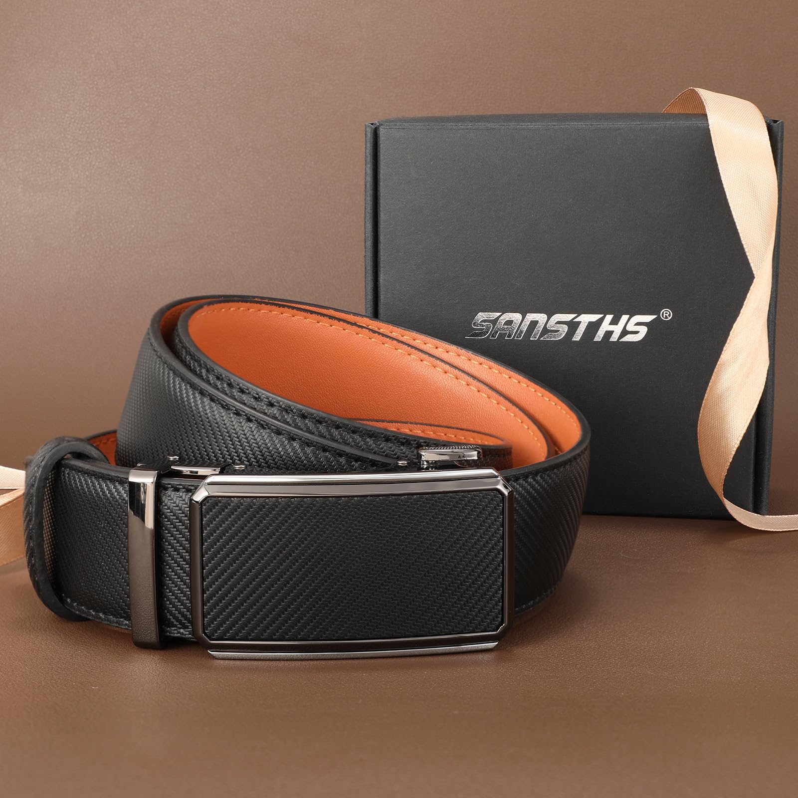 SANSTHS Ratchet Belts for Men, Leather Ratchet Belt Mens Ratchet Belt with Adjustable Buckle Men Belt Fit Everywhere, Twill Black