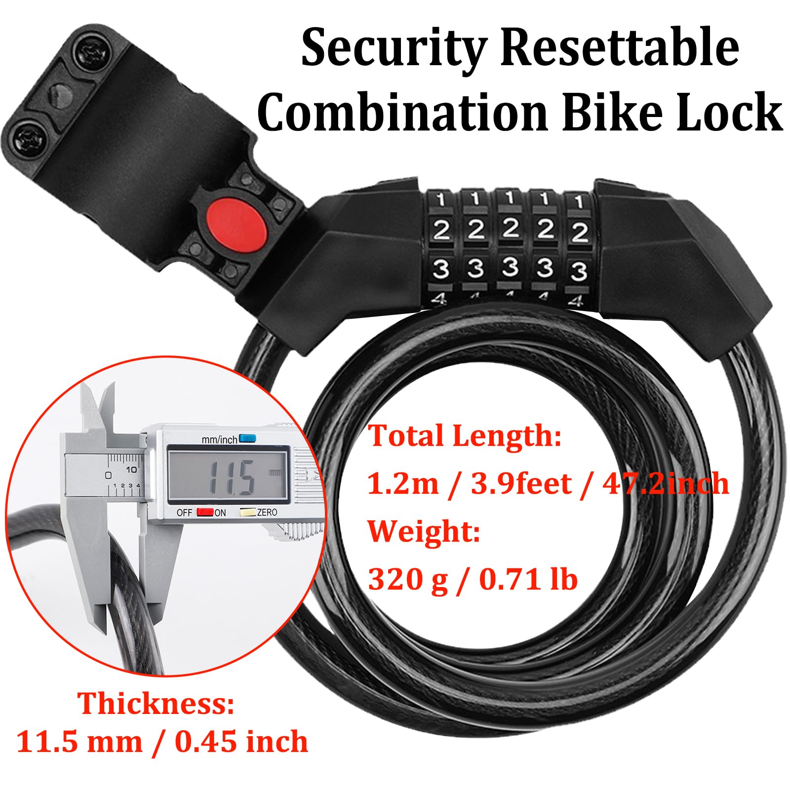 Premium Bike Lock, Bike Locks Heavy Duty Anti Theft, High Security 5 Digit Resettable Coiling Bicycle Lock for Scooters, Motorcycle, Bikes, 3.9ft Bike Lock Cable Lock Combination with Mounting Bracket