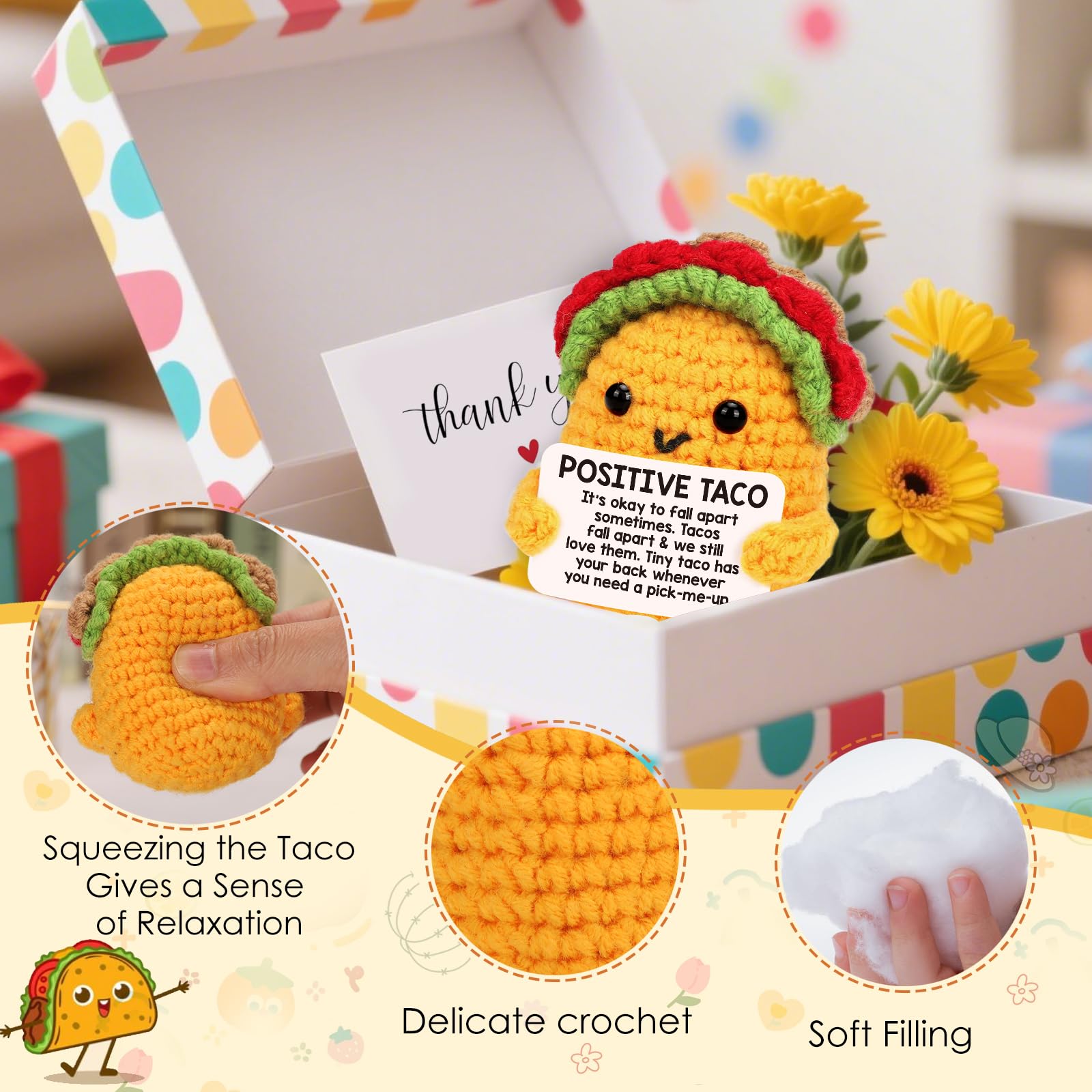 Positive Crochet Taco Birthday Gifts for Women Men Teacher Appreciation Mothers Day Graduation Gift Adult Kids Son Mom Dad Daughter Sister Friend Coworkers Self Care Emotional Inspirational Support