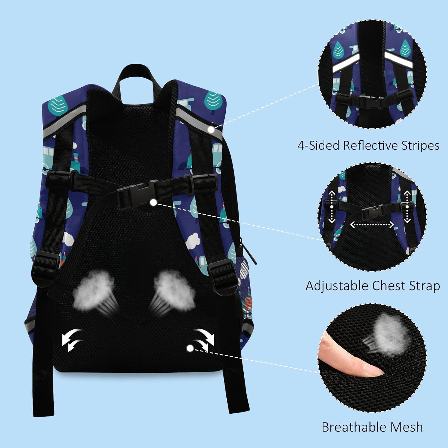Fisyme Blue Retro Train Toddler Backpack Schoolbag Kids Daypack Travel School Bag Small Mini Backpacks for Kindergarten Preschool Nursery Children Boys Girls with Chest Strap