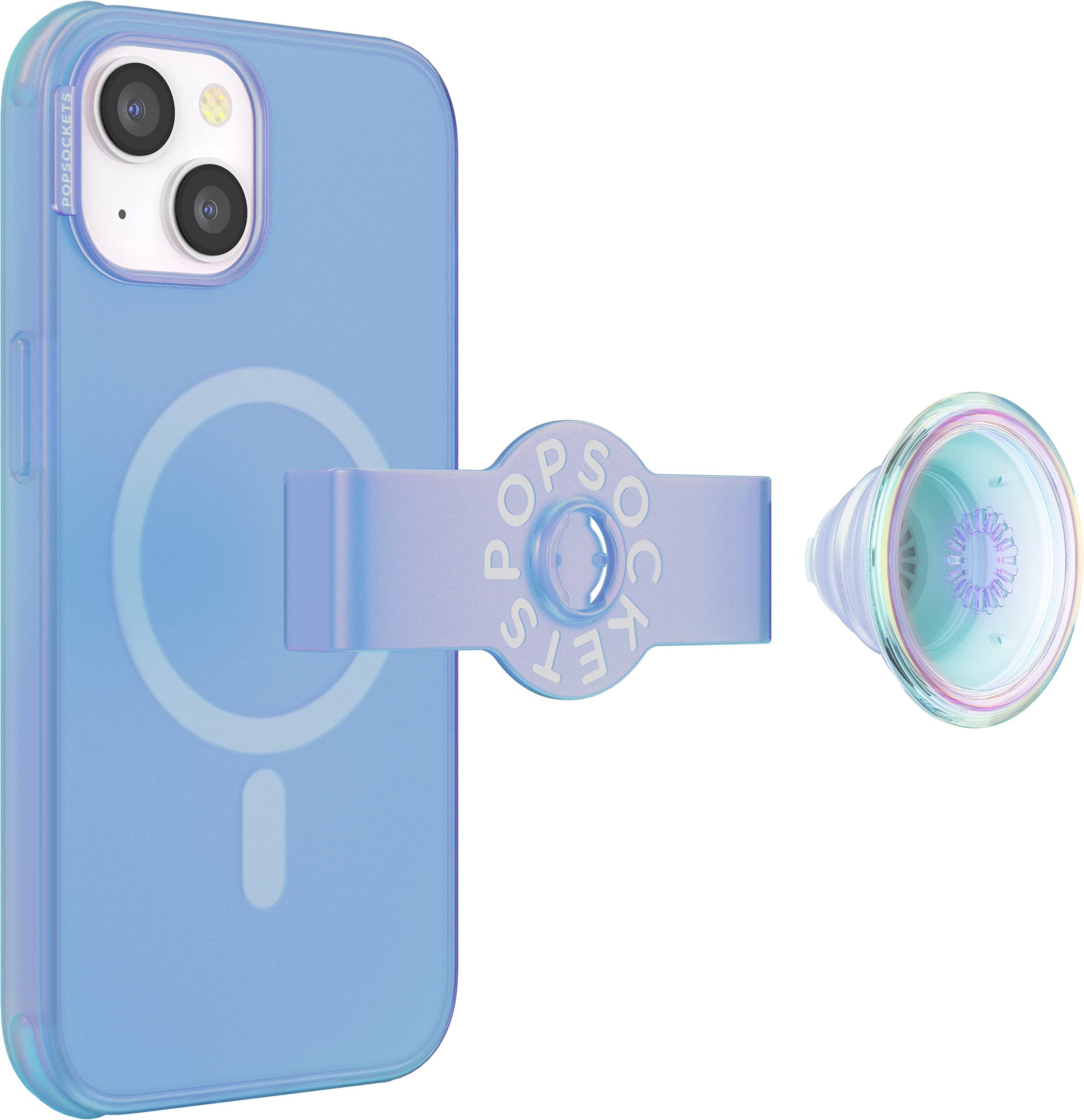 PopSockets iPhone 14 Plus Case with Phone Grip and Slide Compatible with MagSafe, Wireless Charging Compatible - Blue Translucent