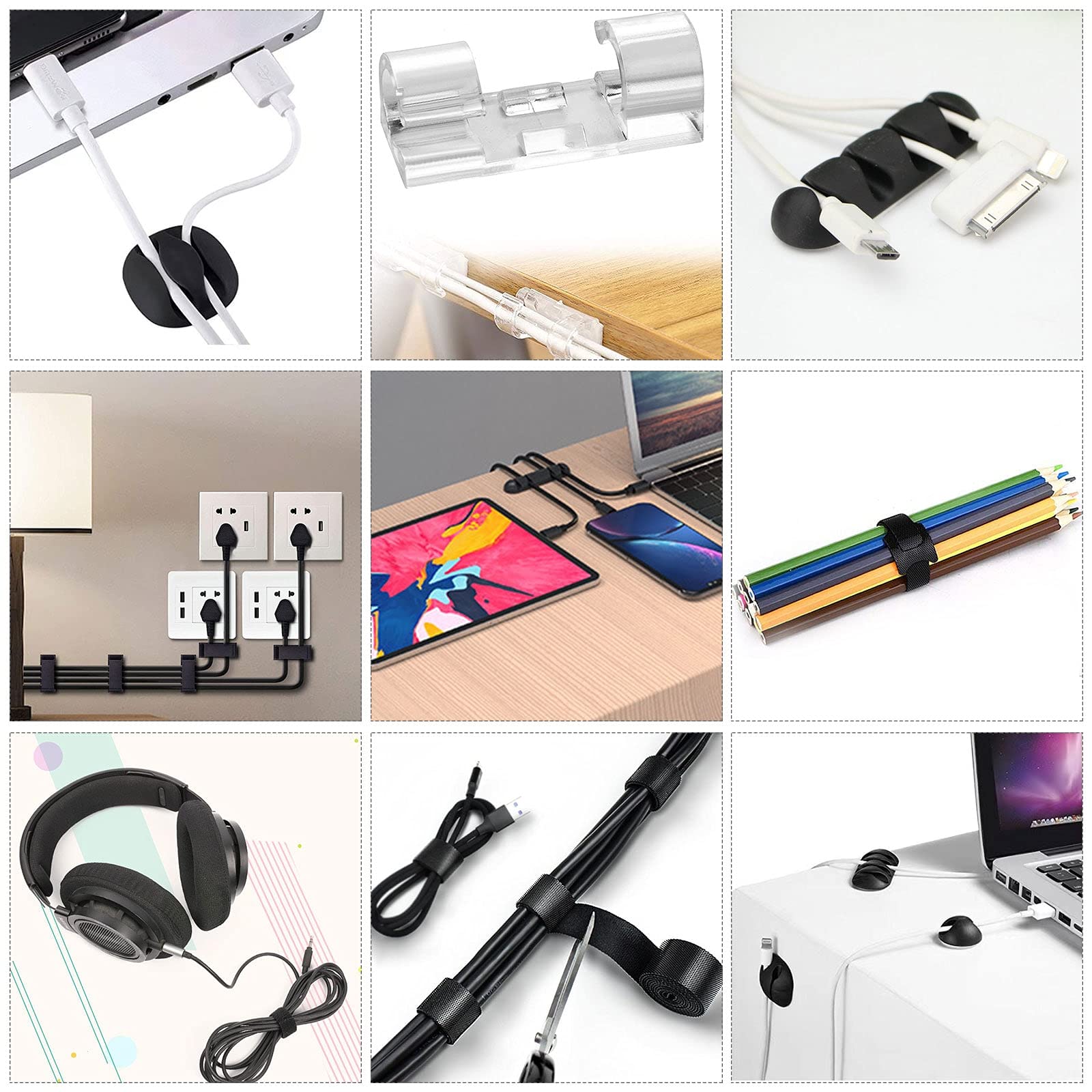 N NOROCME Cord Management Organizer Kit 4 Cable Sleeve Split with 41Self Adhesive Clips Holder, 10pcs and 2 Roll Self tie 100 Fastening Ties for TV Office Car Desk Home Black